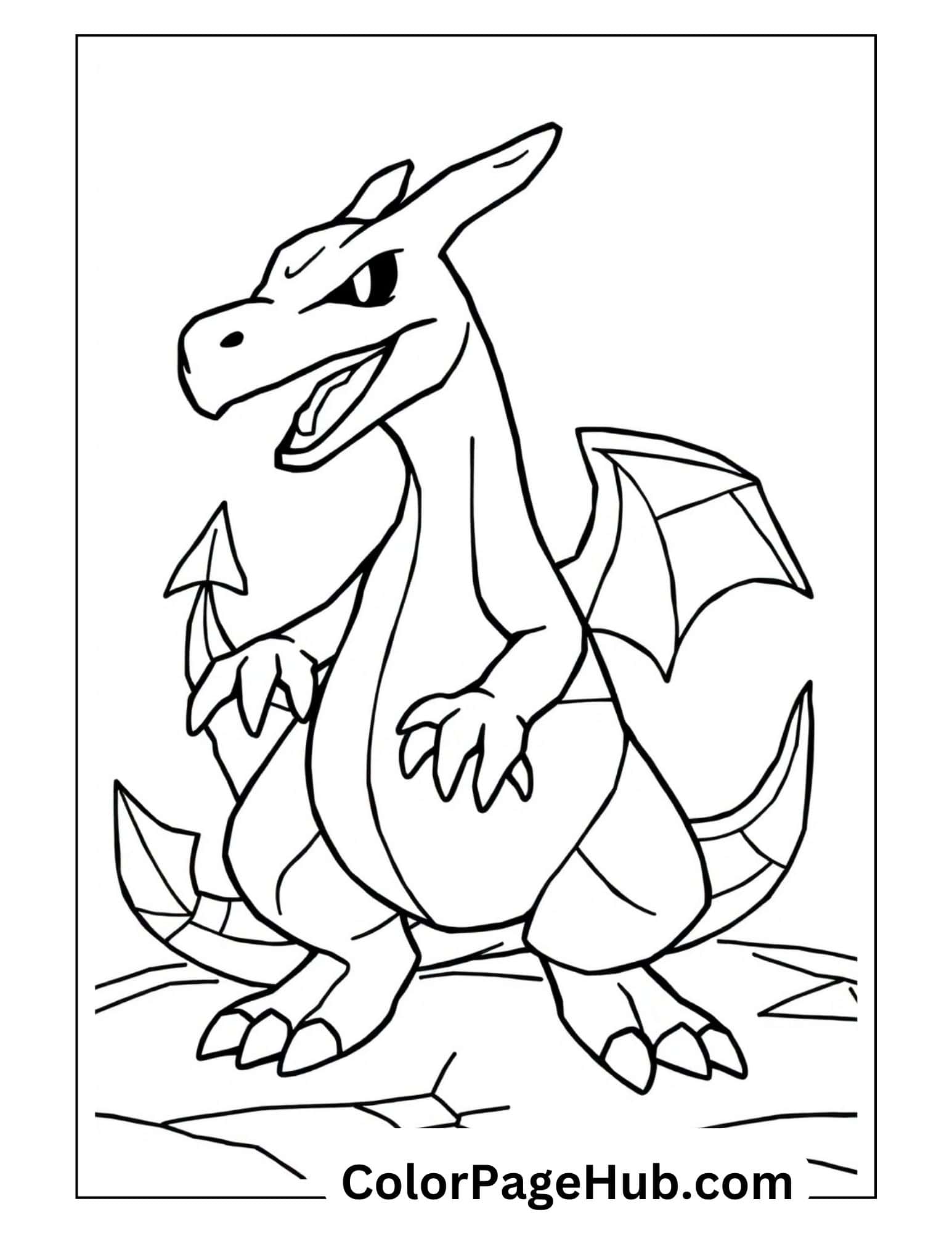 Dynamic Charizard coloring pages on rocky terrain - fierce Pokemon dragon with spread wings and flame tail