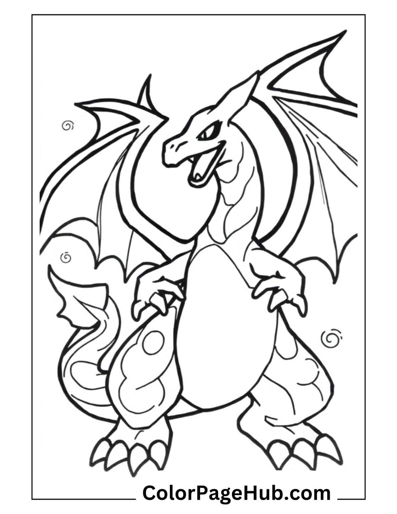 Flying Charizard coloring pages - powerful dragon Pokemon with spread wings and decorative flame swirls