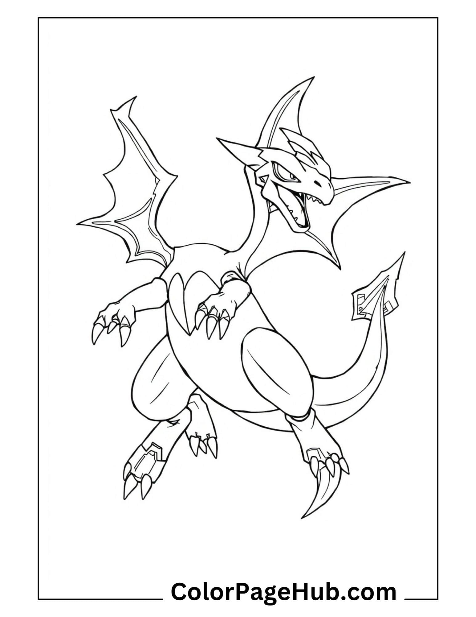 Charizard Coloring Pages: fierce dragon Pokémon in attacking pose with spread wings and sharp claws outline for kids