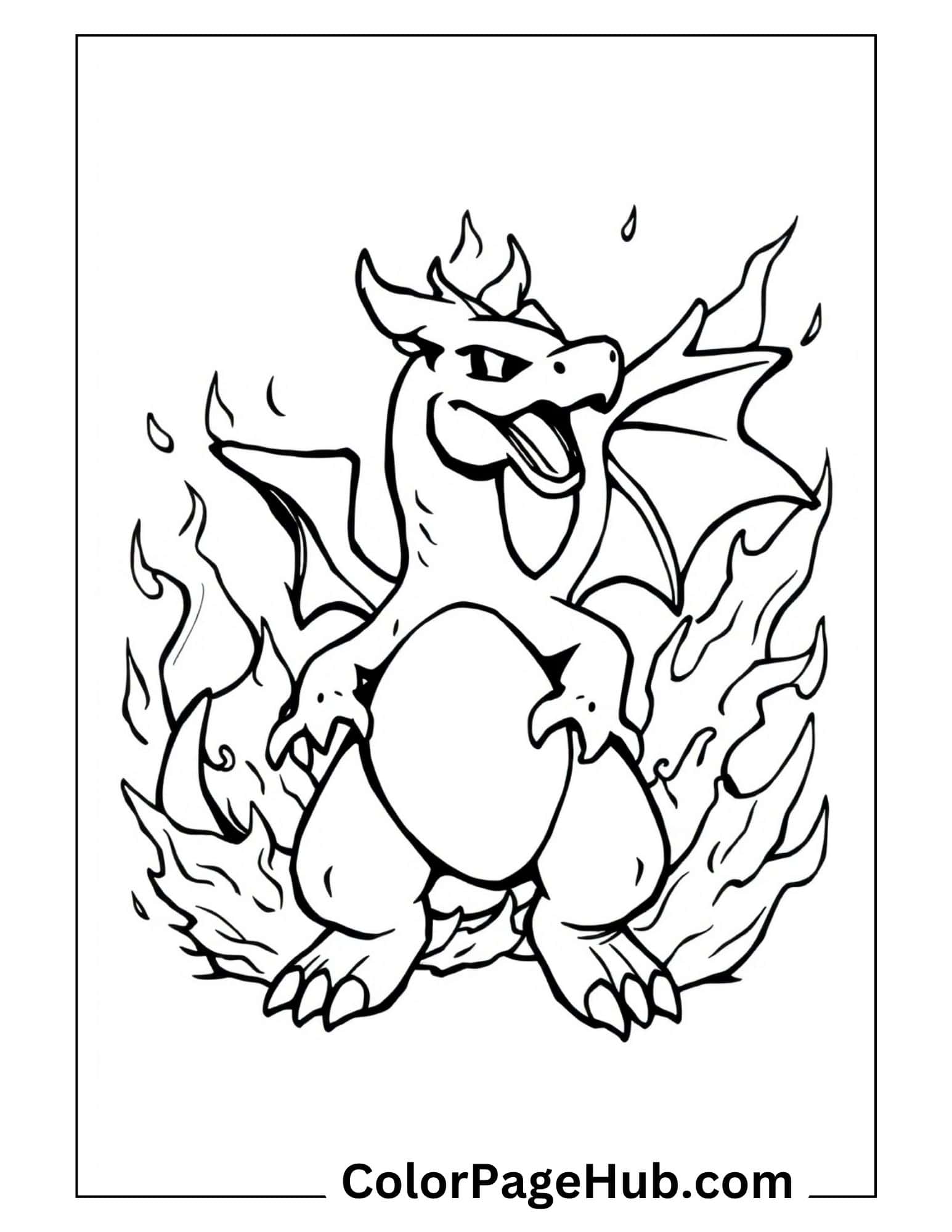 Charizard Coloring Pages: powerful dragon surrounded by fierce flames with spread wings outline for kids