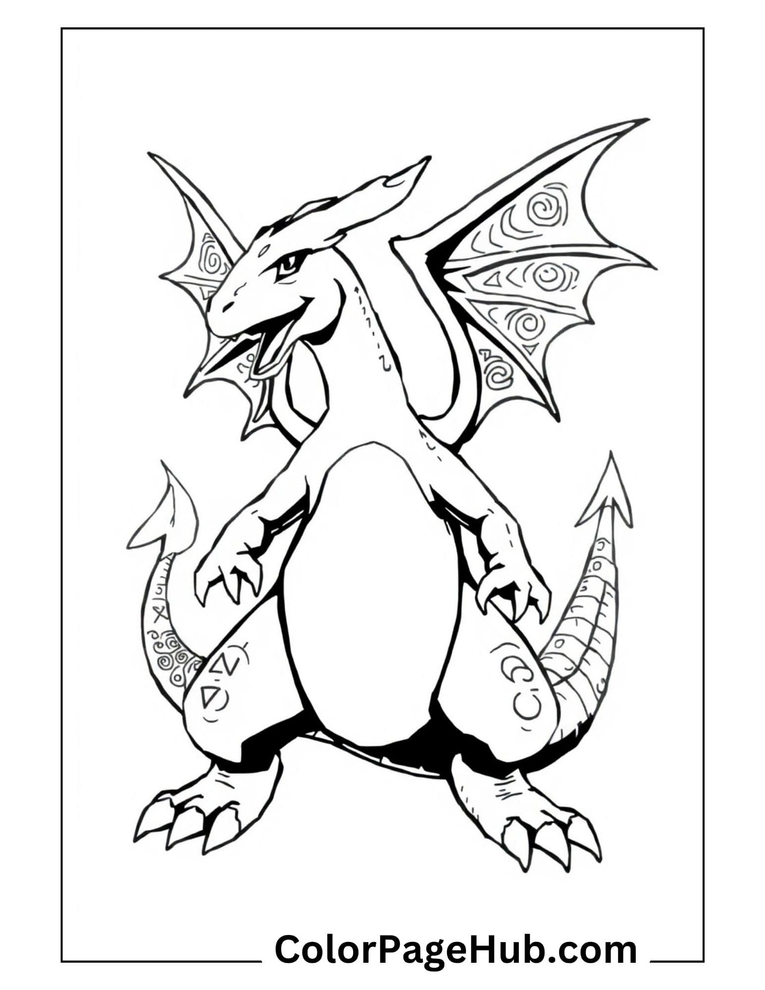 Charizard Coloring Pages: detailed dragon with decorative wing patterns and intricate tribal designs outline