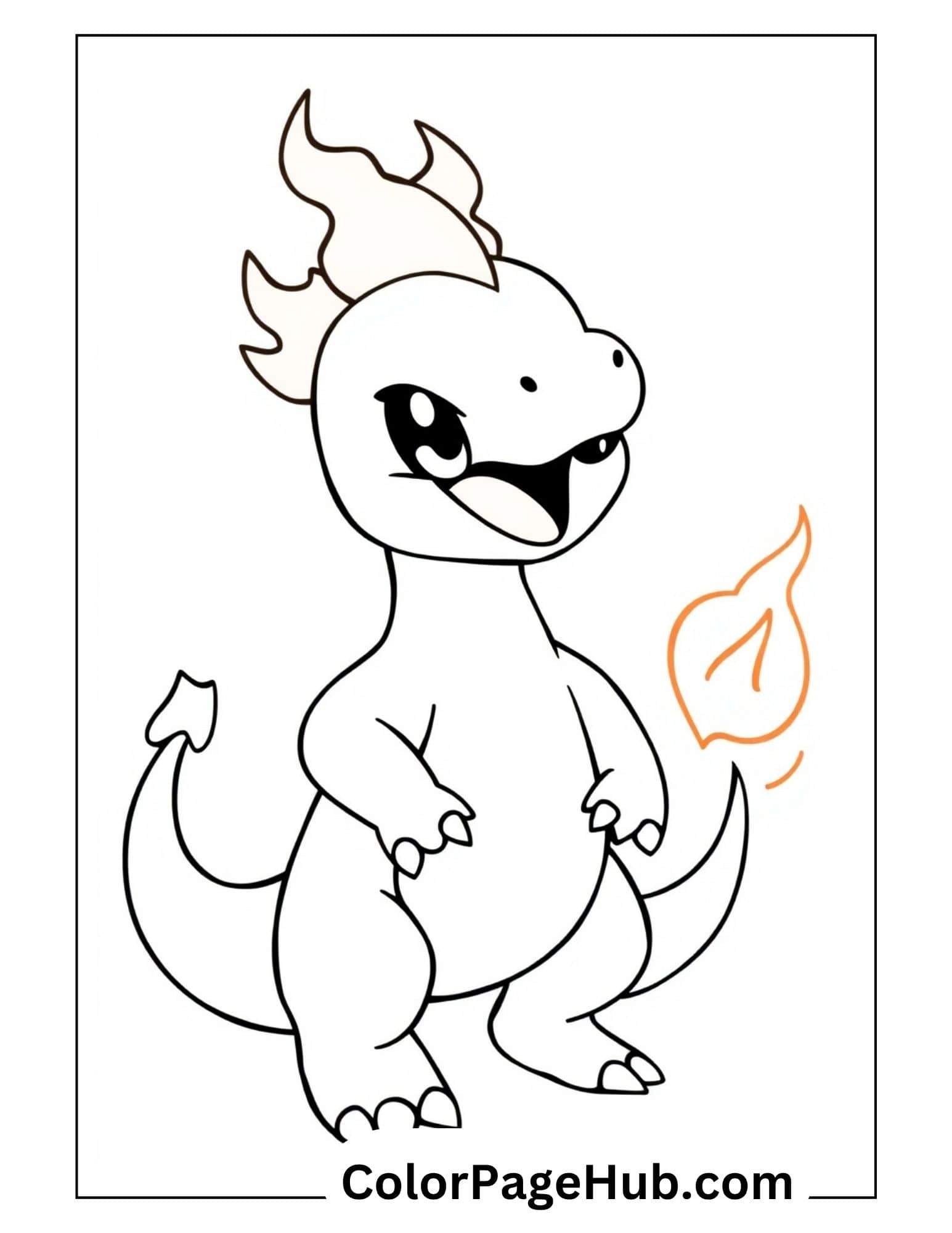 Cute Charizard coloring pages featuring happy Pokemon character with flame tail - perfect for kids' coloring fun