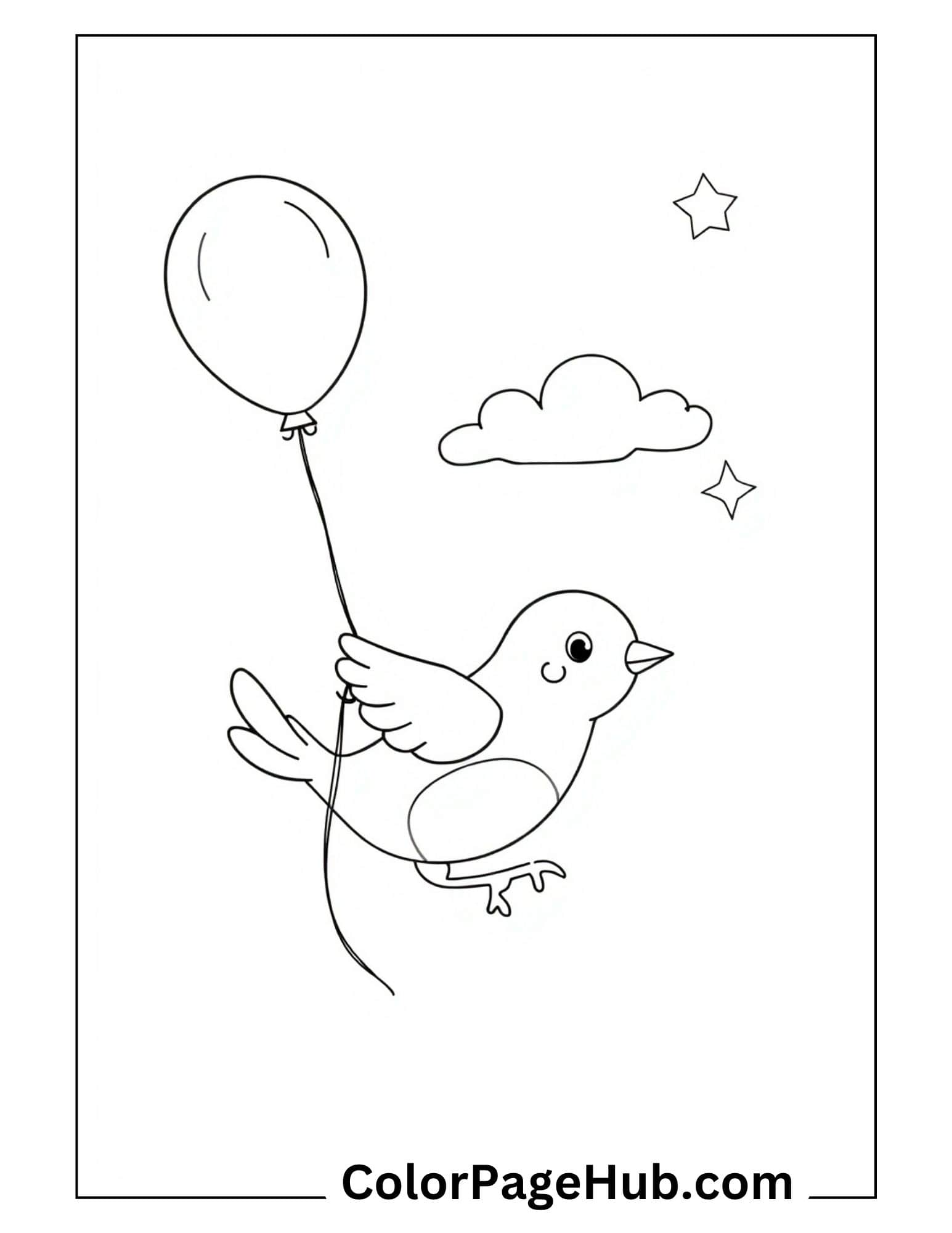 Bird coloring pages featuring cute bird holding balloon with clouds and stars - whimsical printable design for kids