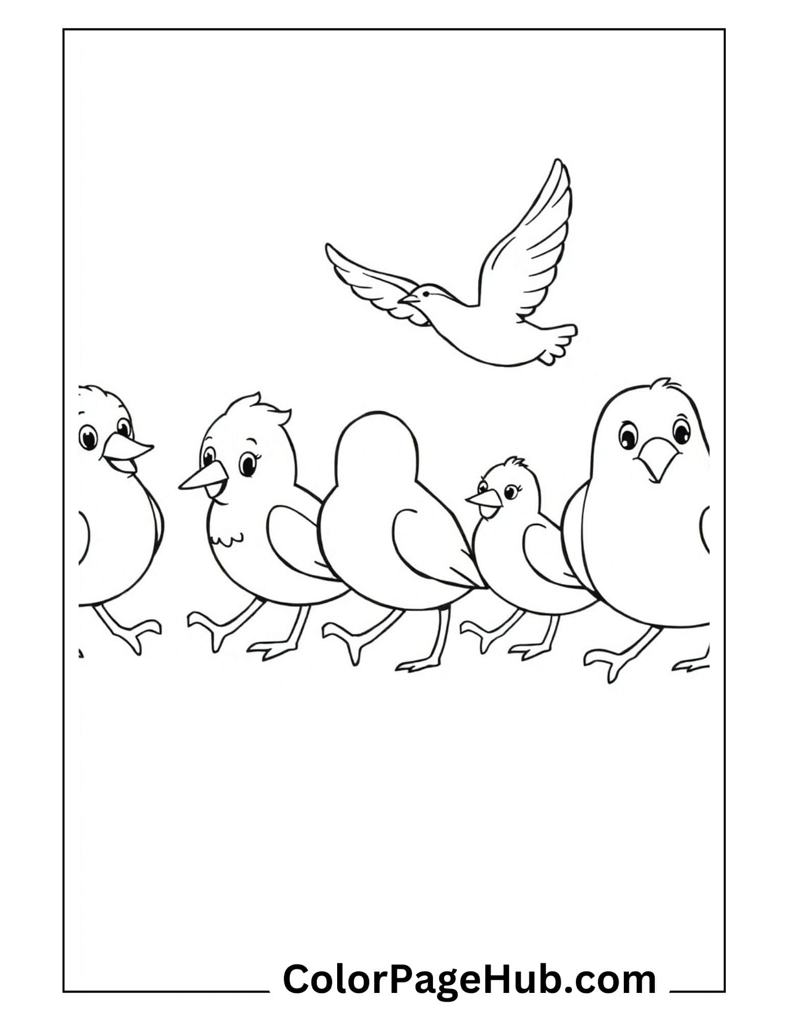 Bird coloring pages featuring cute baby chicks in a row with flying bird above - adorable family scene for kids