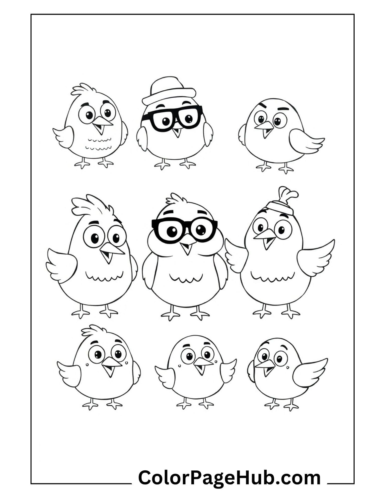Bird coloring pages with cute cartoon birds wearing glasses and hats - fun character collection printable design