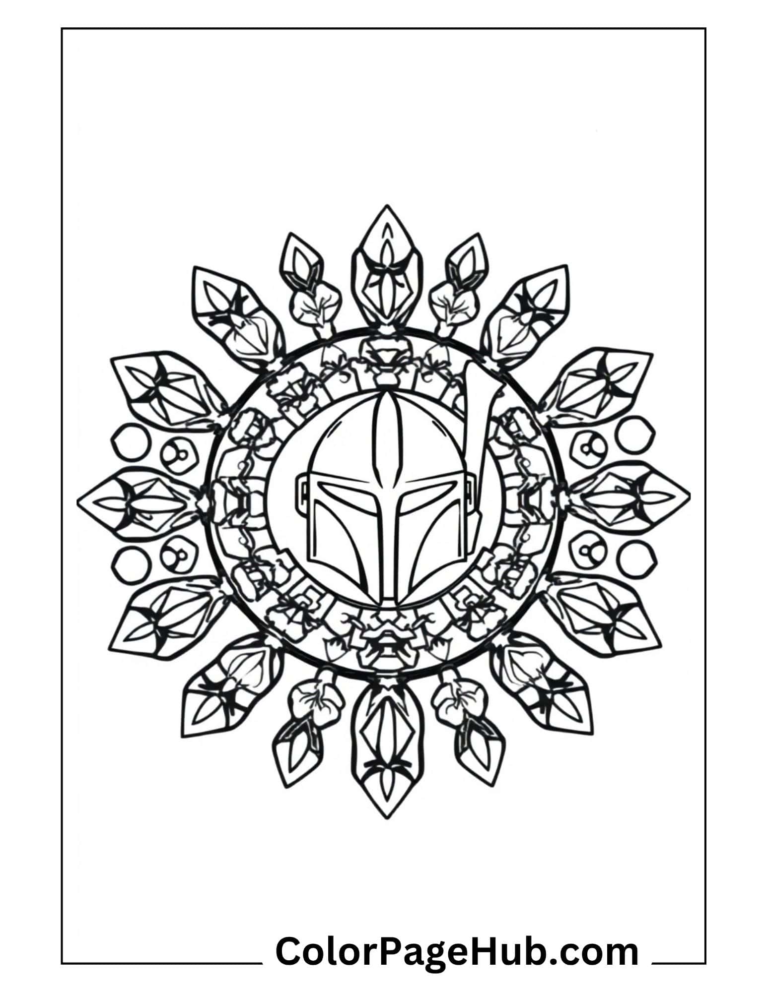 Mandalorian helmet mandala design with floral patterns - intricate Mandalorian coloring pages for adults