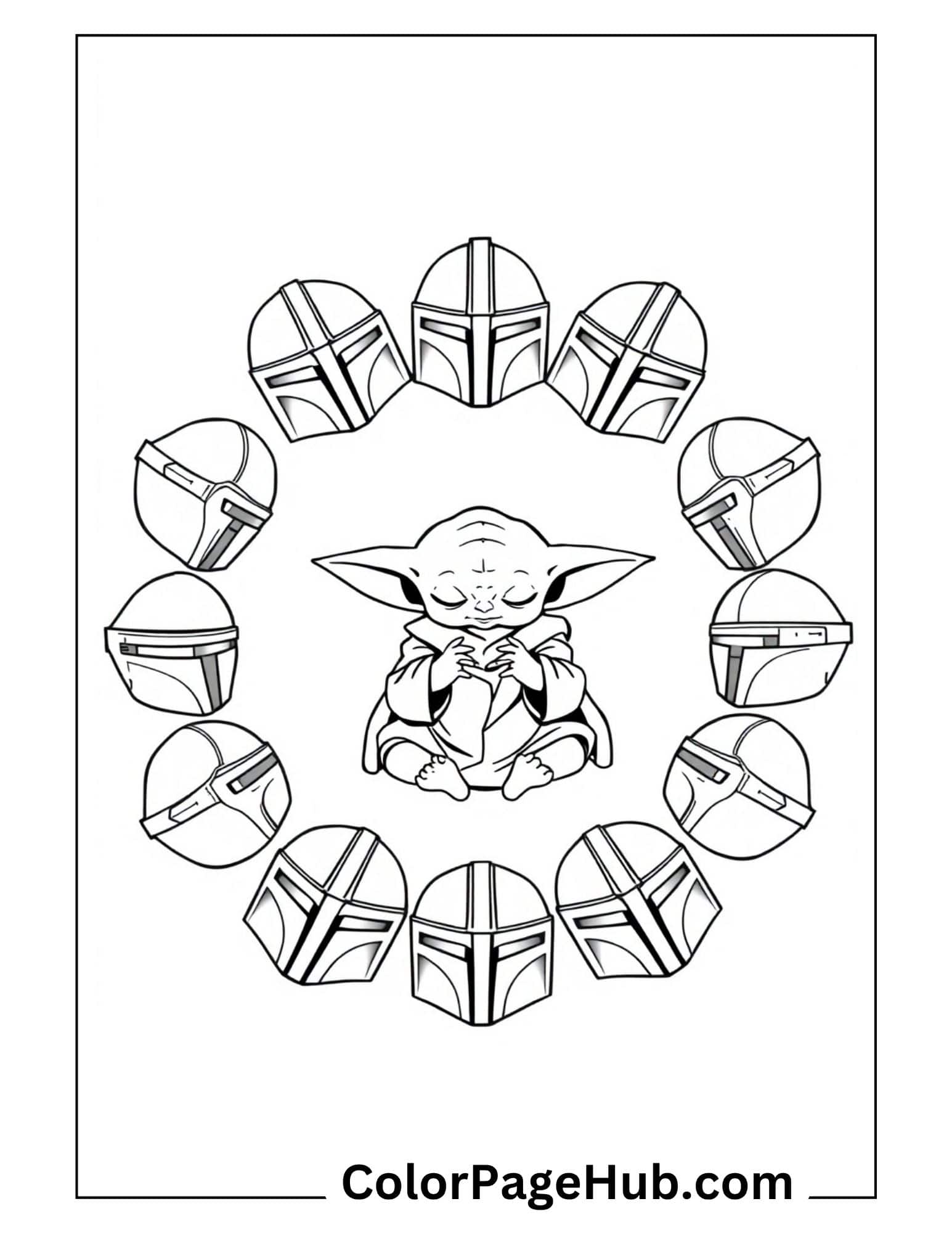 Mandalorian coloring pages featuring Baby Yoda surrounded by helmet mandala design - free printable Star Wars coloring sheet