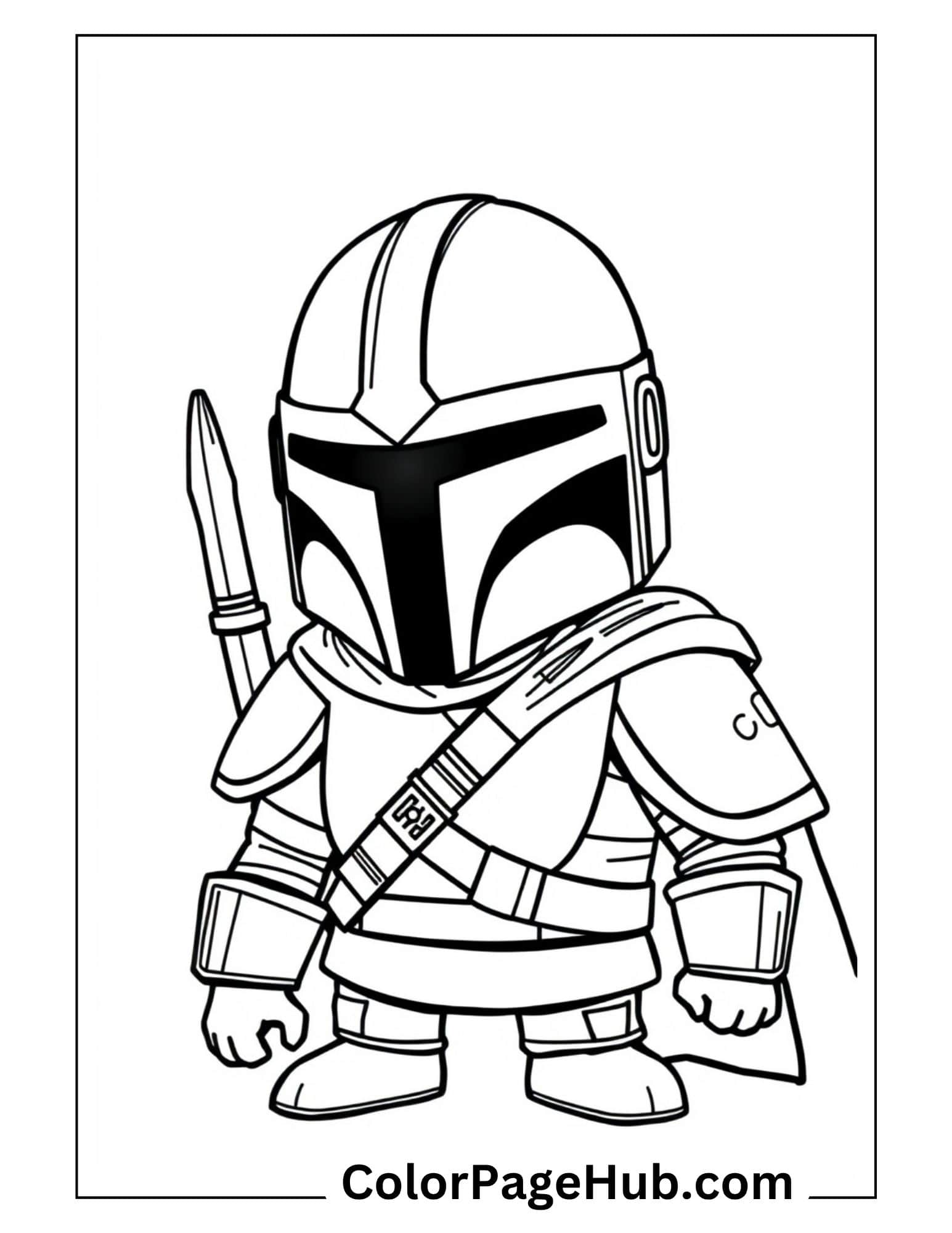 Cute chibi Mandalorian warrior with spear and cape - adorable Mandalorian coloring pages for kids
