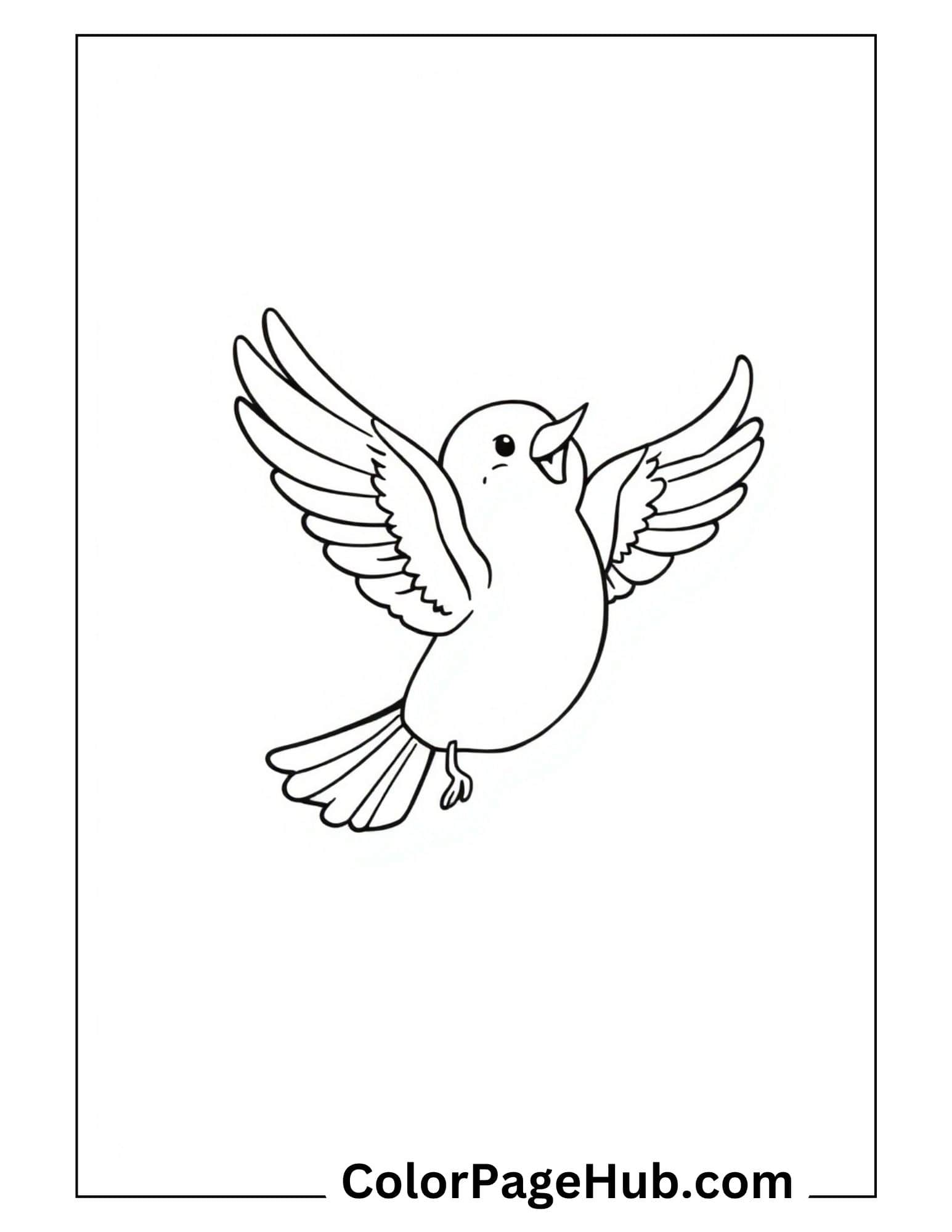 Bird coloring pages with simple flying bird spread wings in flight - easy printable outline design for kids