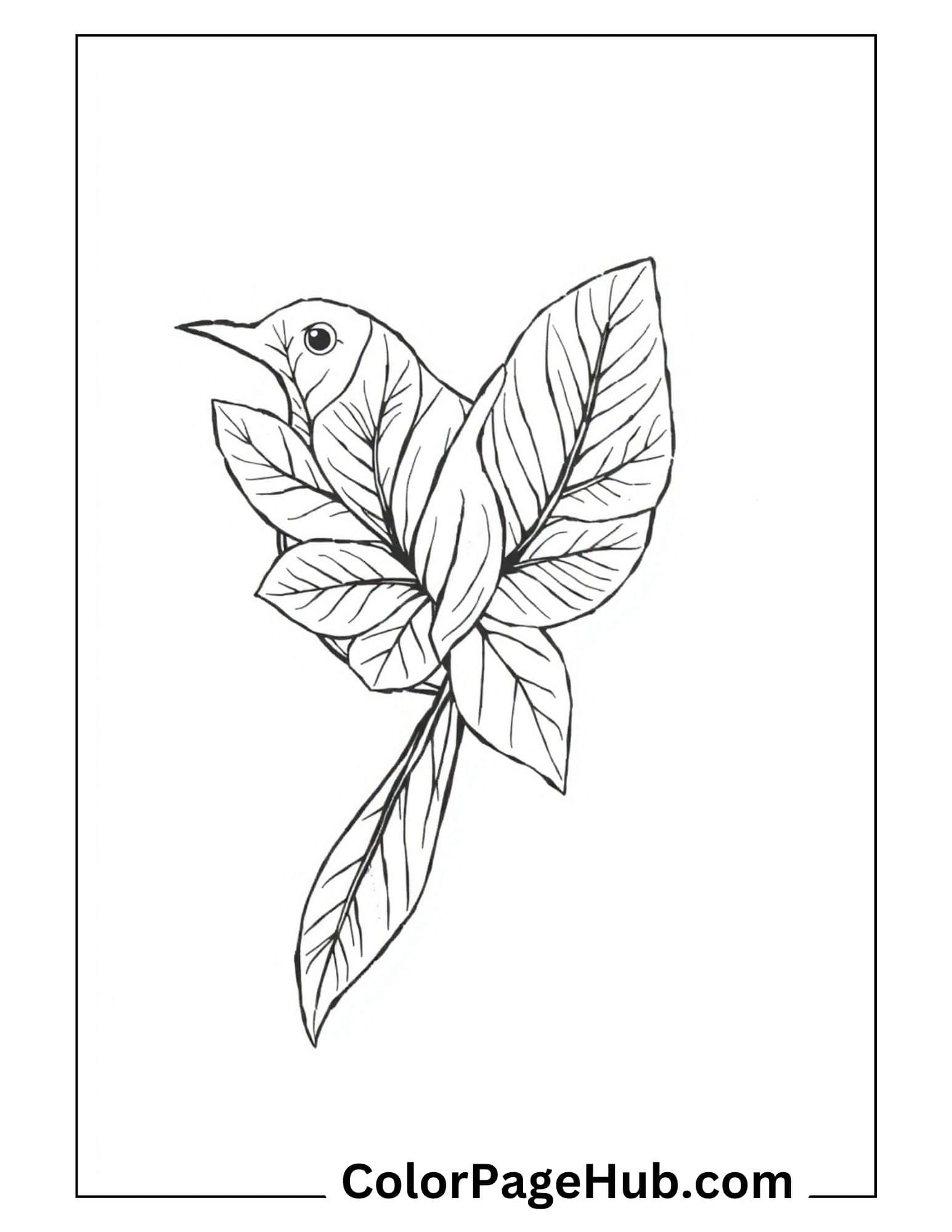 Bird coloring pages featuring artistic bird with detailed leaf pattern design - elegant nature inspired adult coloring