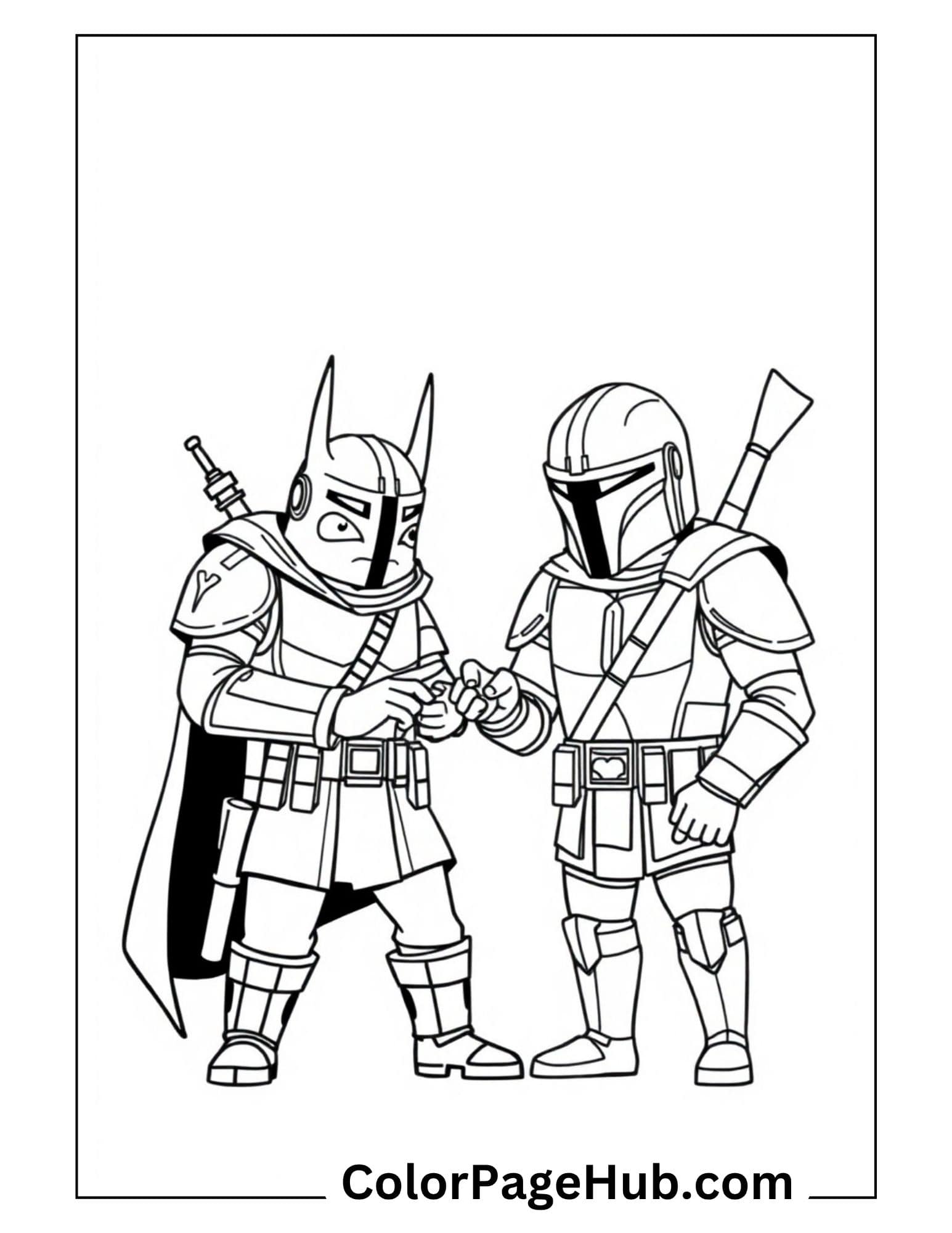 Mandalorian and Batman fist bump friendship scene - printable Mandalorian coloring pages for Star Wars fans