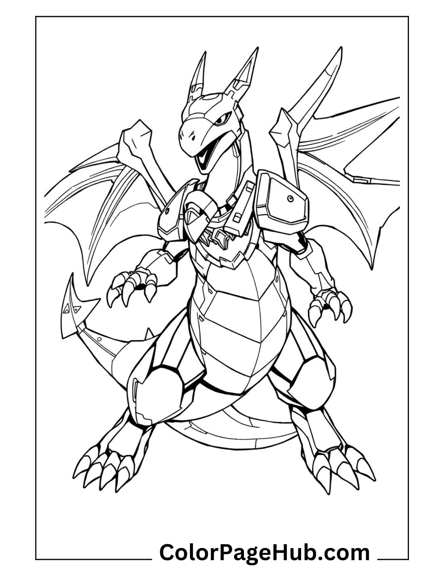 Armored Charizard coloring pages - powerful dragon Pokemon with wings spread ready for battle and adventure