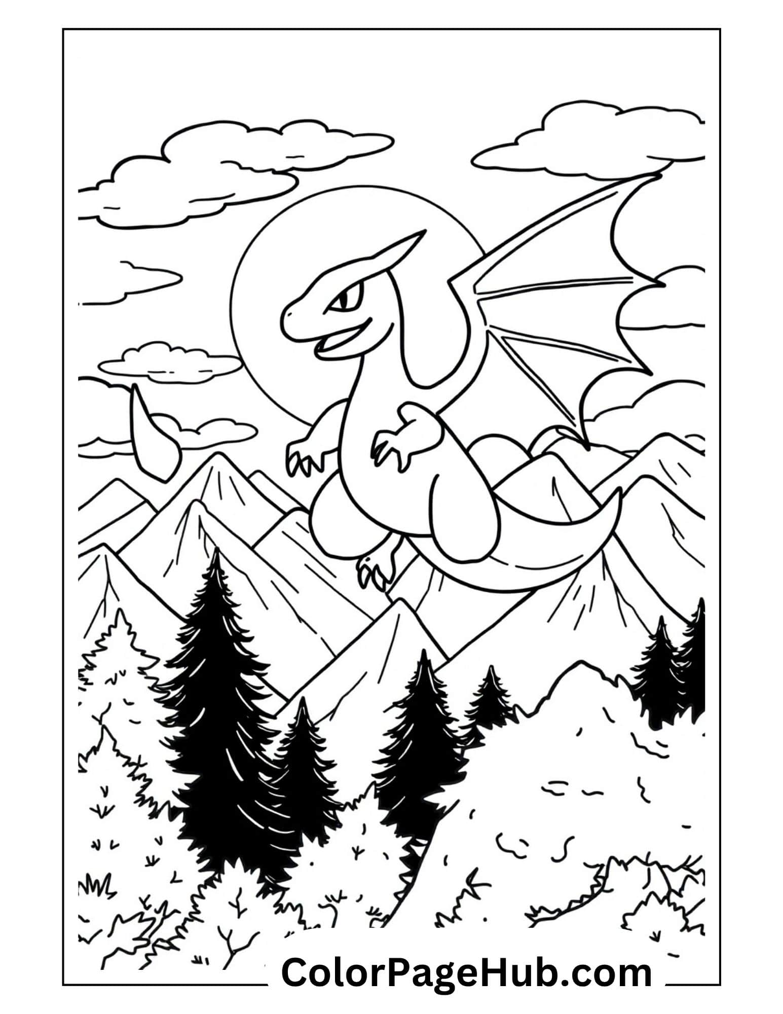 Flying Charizard coloring pages with mountain landscape - Pokemon dragon soaring over forest and clouds