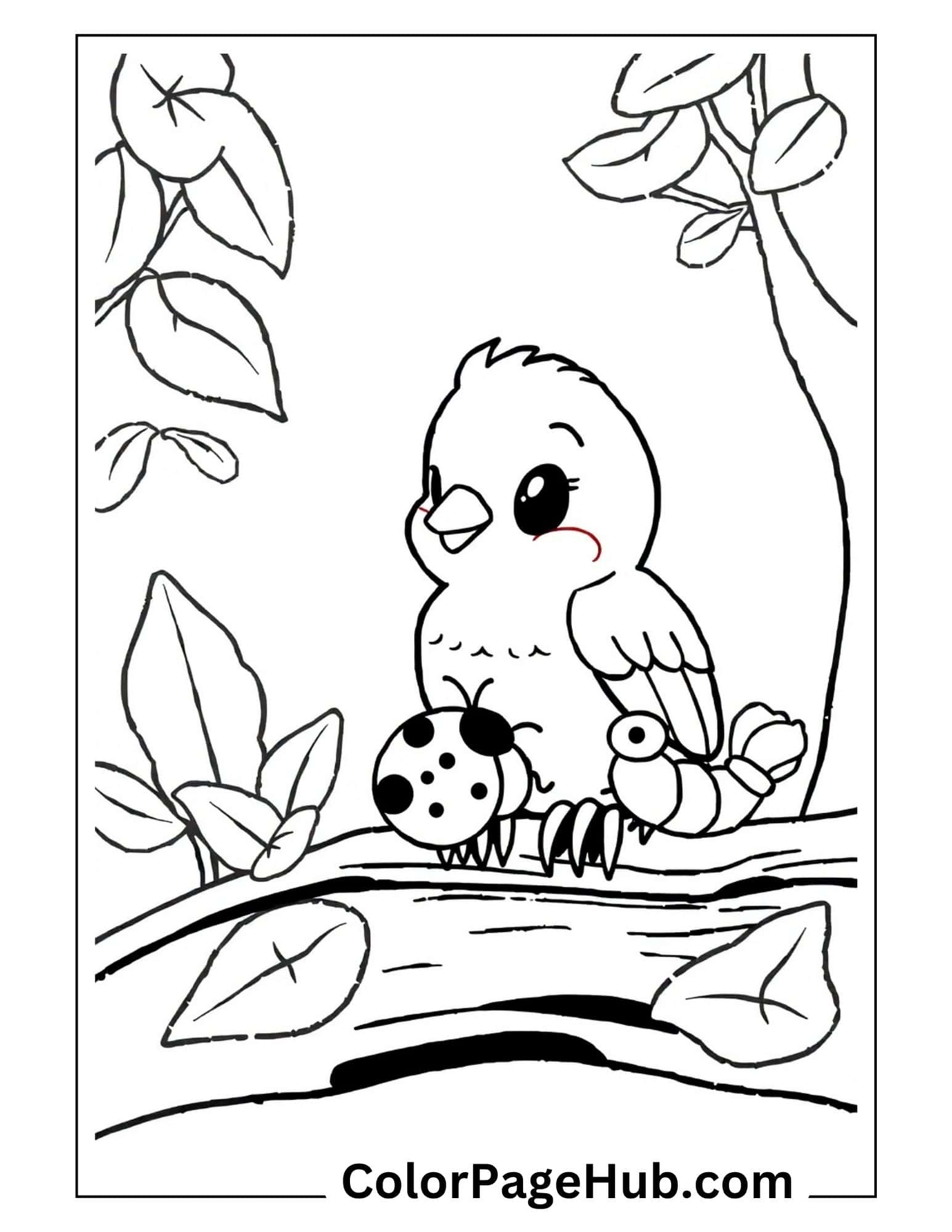 Bird coloring pages showing cute baby bird on branch with ladybug and leaves - adorable nature scene for children