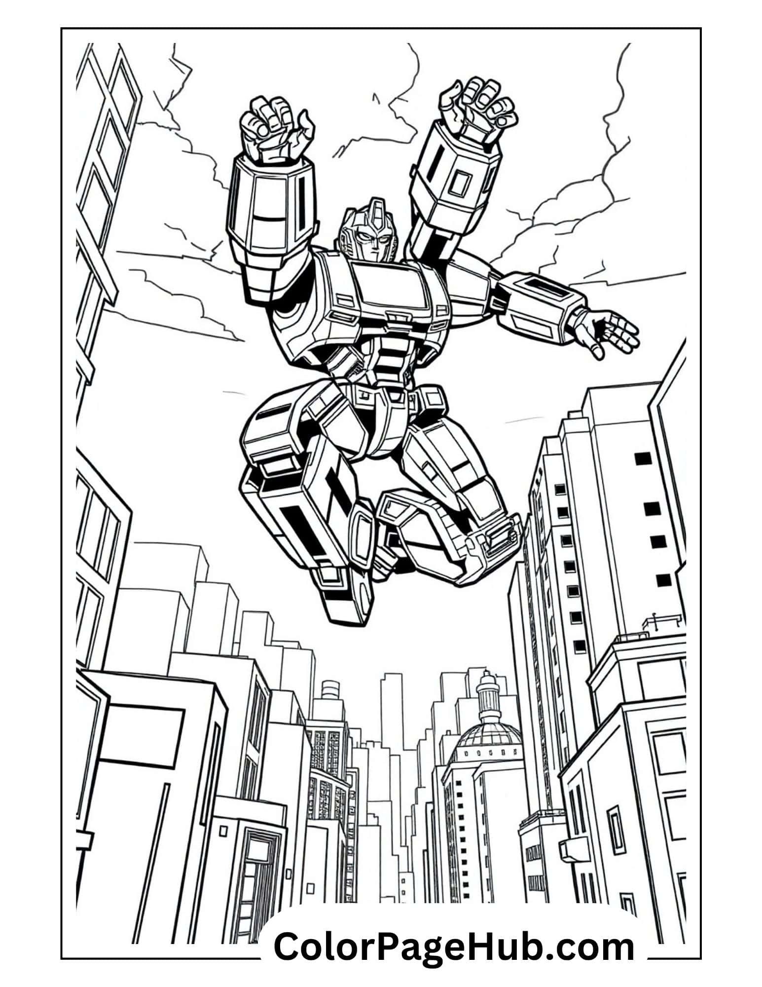 Action-packed Transformers coloring pages showing robot flying above detailed city skyline for kids to color and enjoy