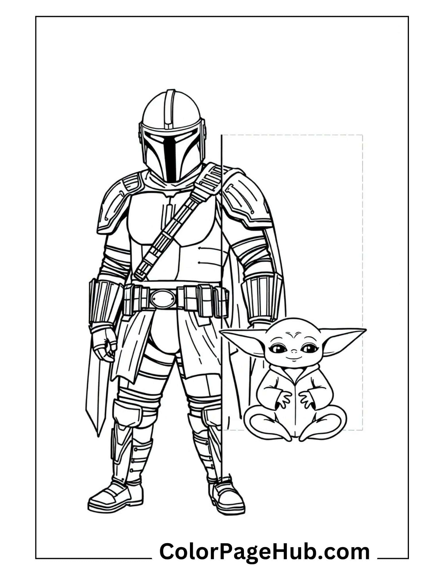 Mandalorian coloring pages with Din Djarin and Baby Yoda Grogu - free printable Star Wars bounty hunter coloring sheet