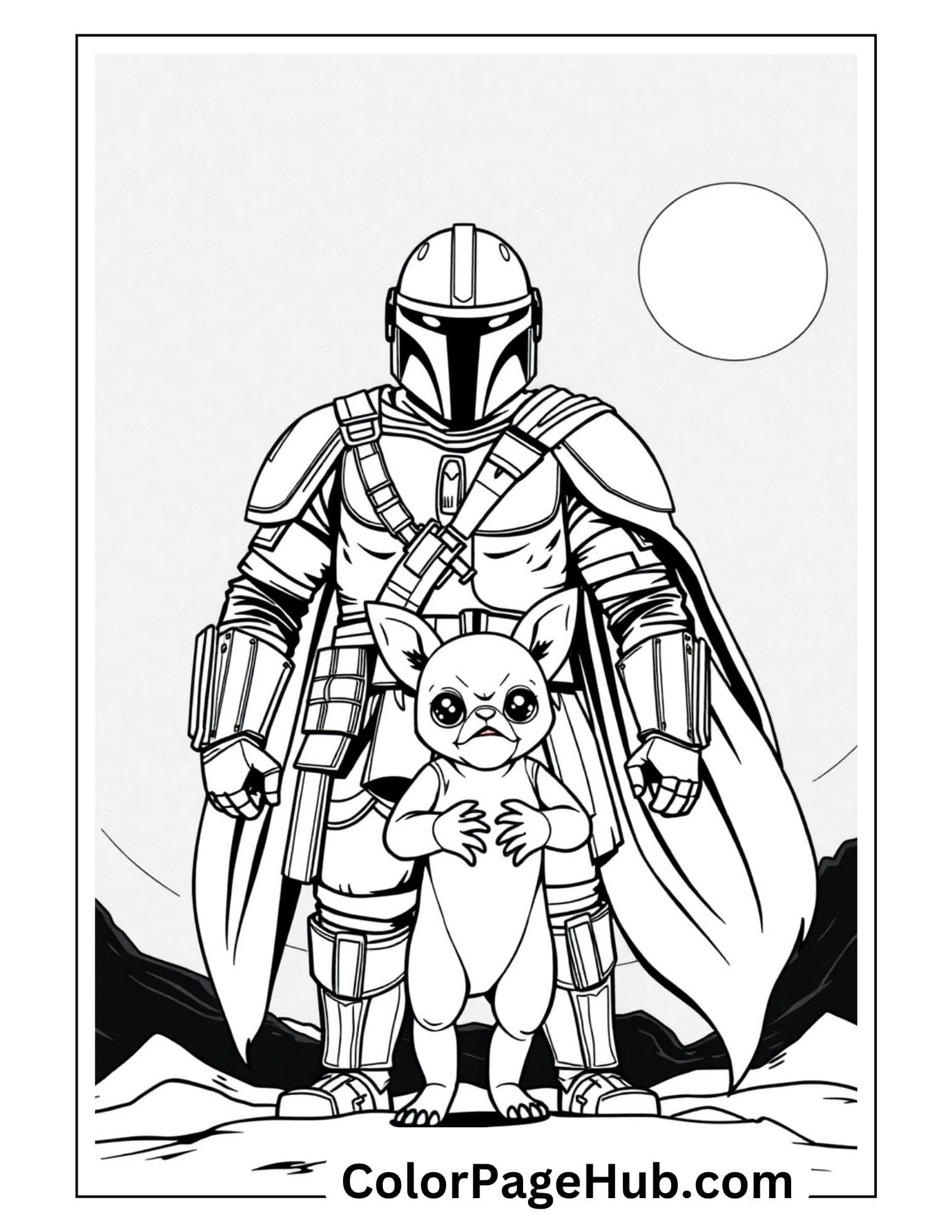 Mandalorian coloring pages with Din Djarin protecting Baby Yoda in desert - free printable Star Wars guardian coloring sheet