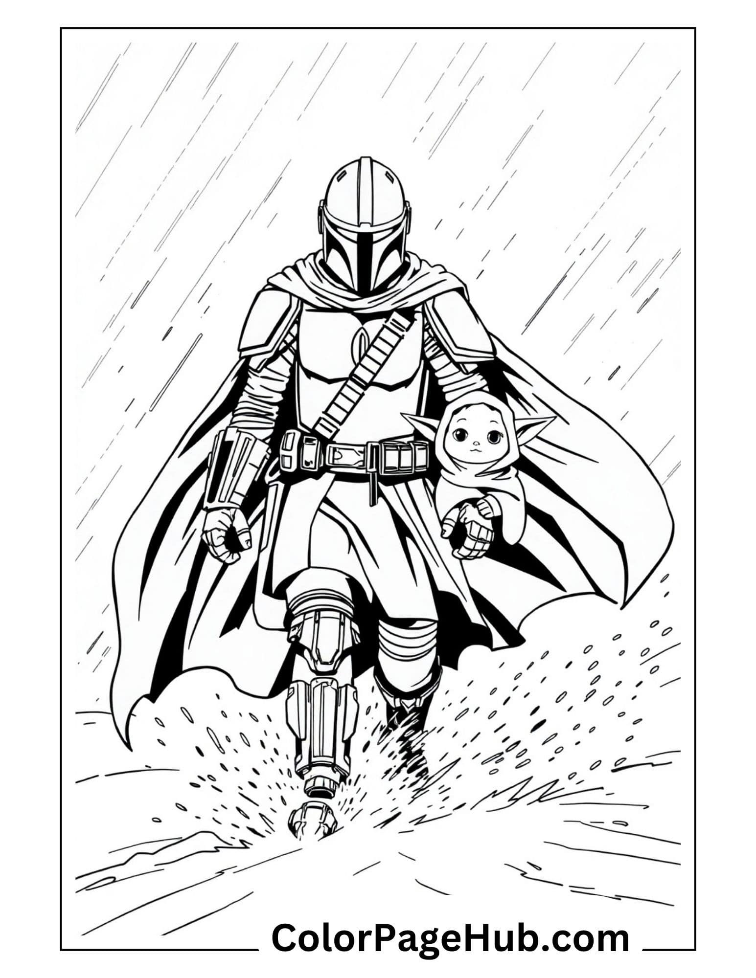 Mandalorian coloring pages featuring Din Djarin carrying Baby Yoda through desert storm - free printable Star Wars coloring sheet