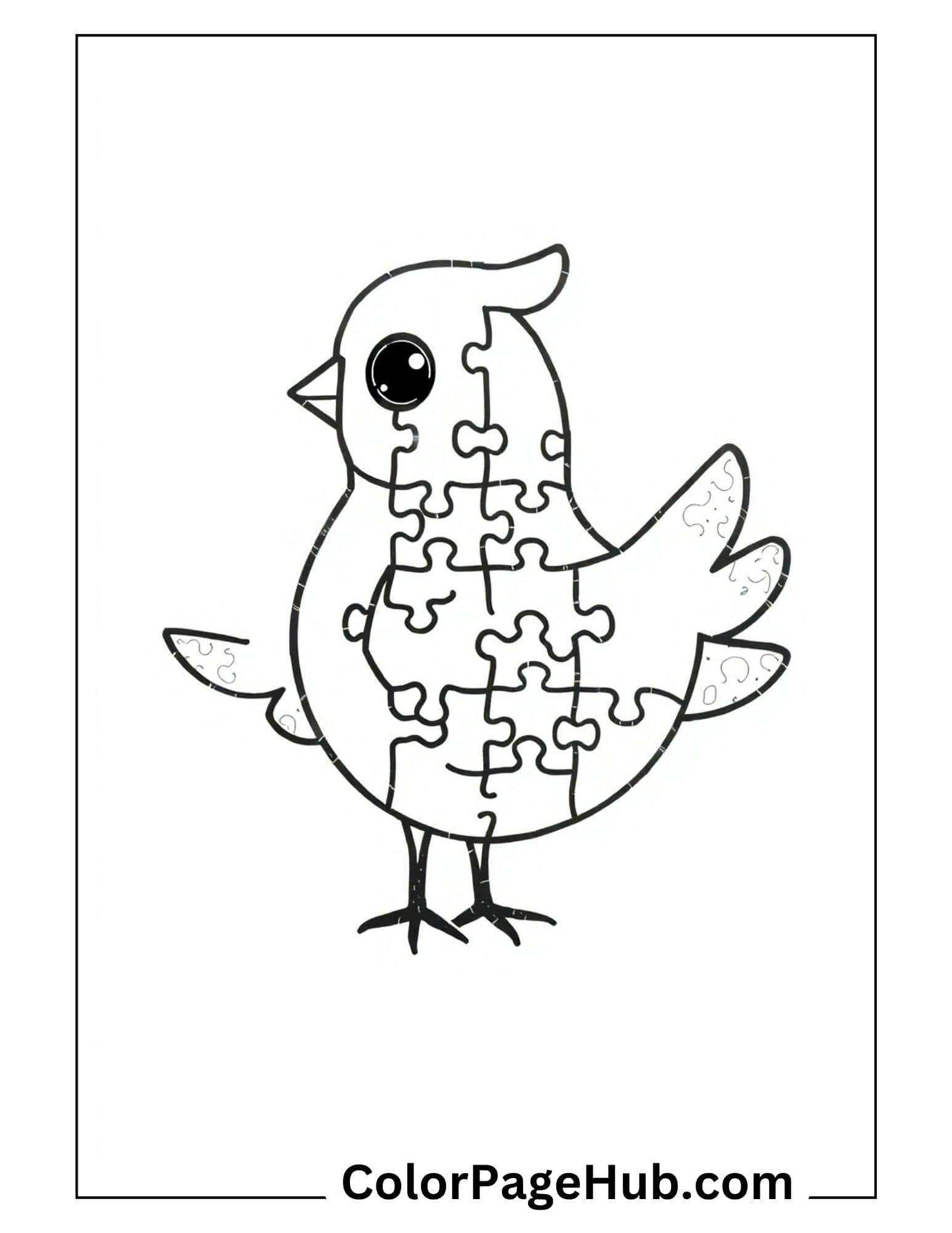 Bird coloring pages featuring cute puzzle piece bird with wings and beak - educational printable activity for children