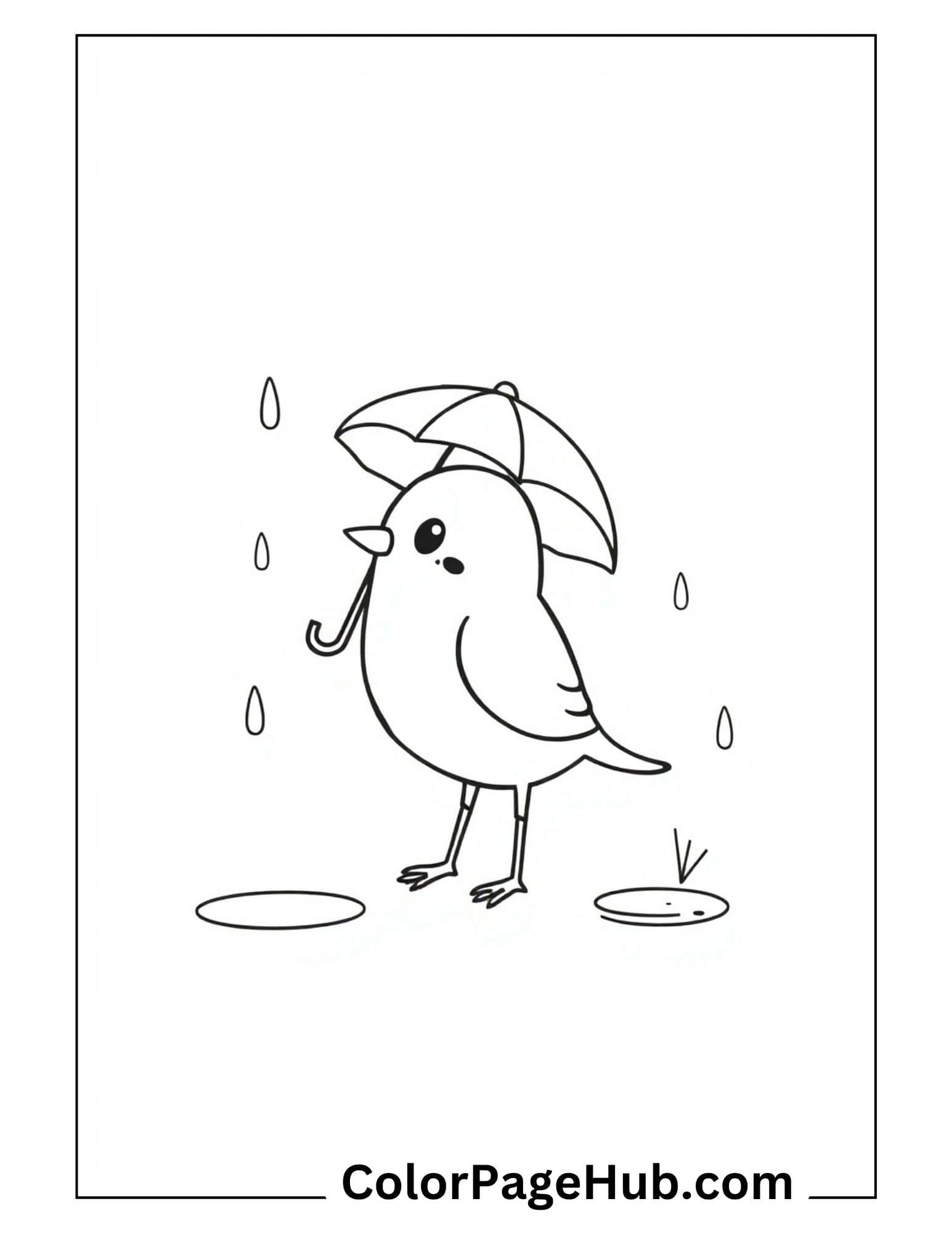 Bird coloring pages with cute bird holding umbrella in the rain with puddles - adorable rainy day scene design