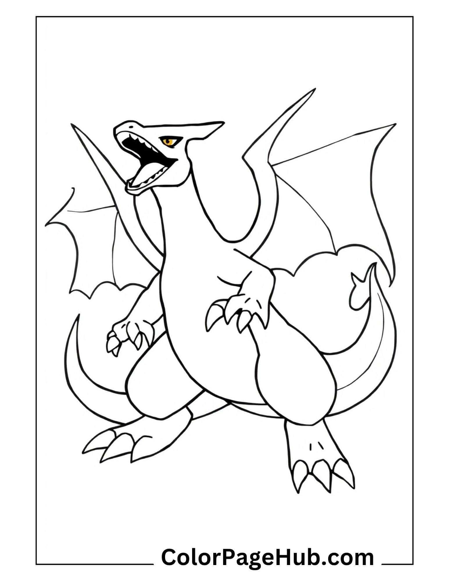 Bold Charizard coloring pages with roaring pose - powerful Pokemon dragon with spread wings and flame tail