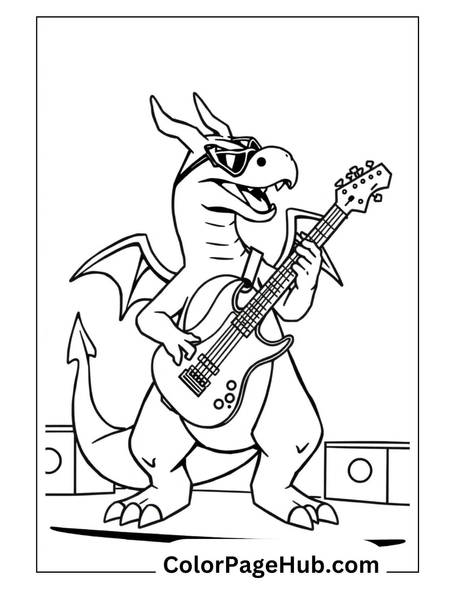 Rock star Charizard coloring pages - cool Pokemon dragon playing electric guitar with sunglasses