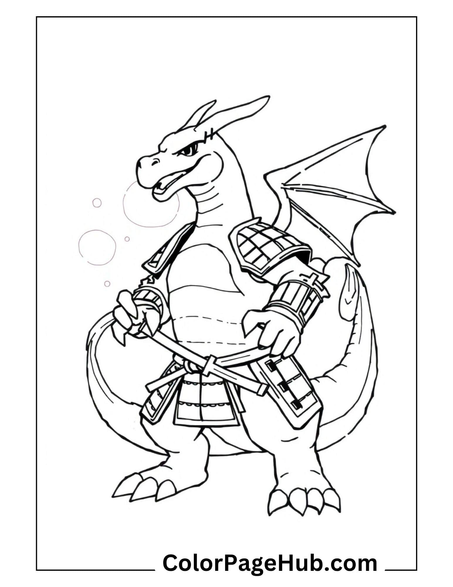 Samurai warrior Charizard coloring pages - dragon Pokemon with sword and armor for epic battle adventures