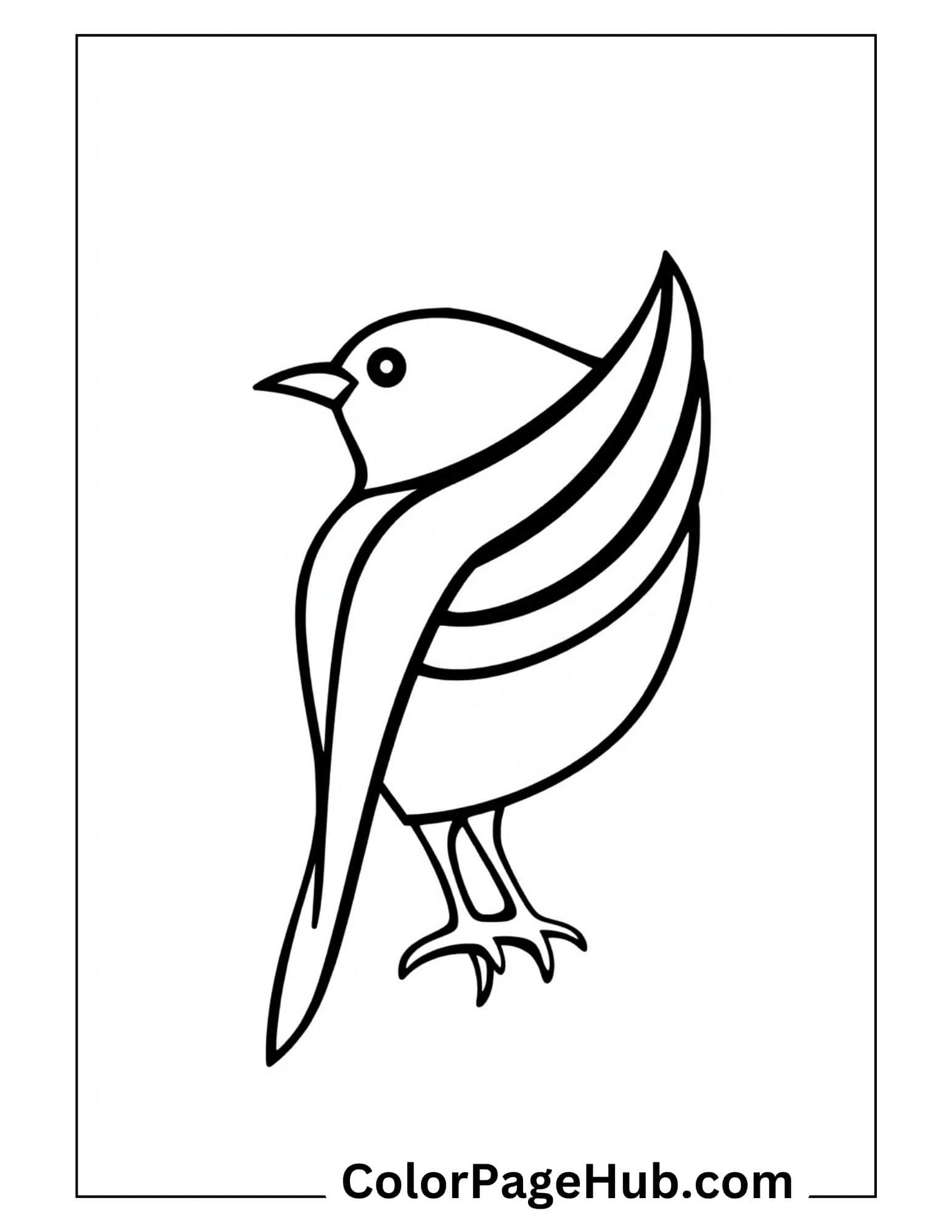 Bird coloring pages featuring simple elegant bird with striped wing pattern and long tail - easy printable design