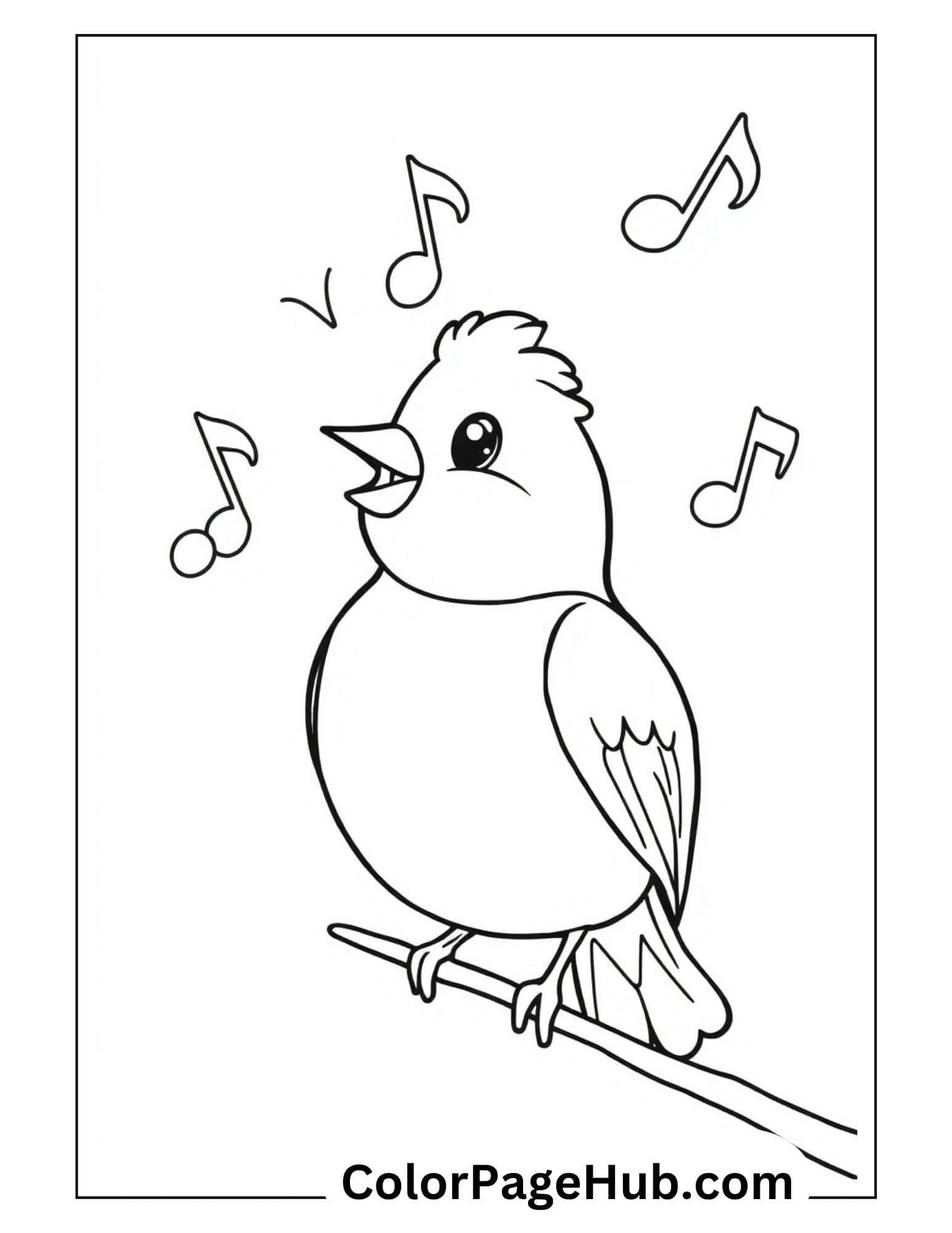 Bird coloring pages with singing bird surrounded by musical notes on branch - melodic themed printable design