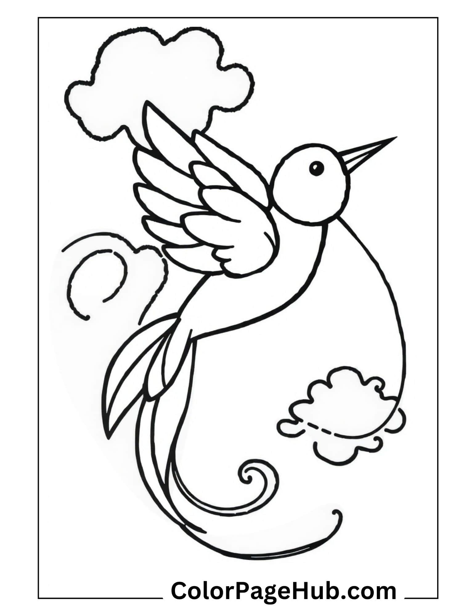 Bird coloring pages featuring elegant hummingbird with spread wings, clouds and swirls - printable coloring sheet for kids