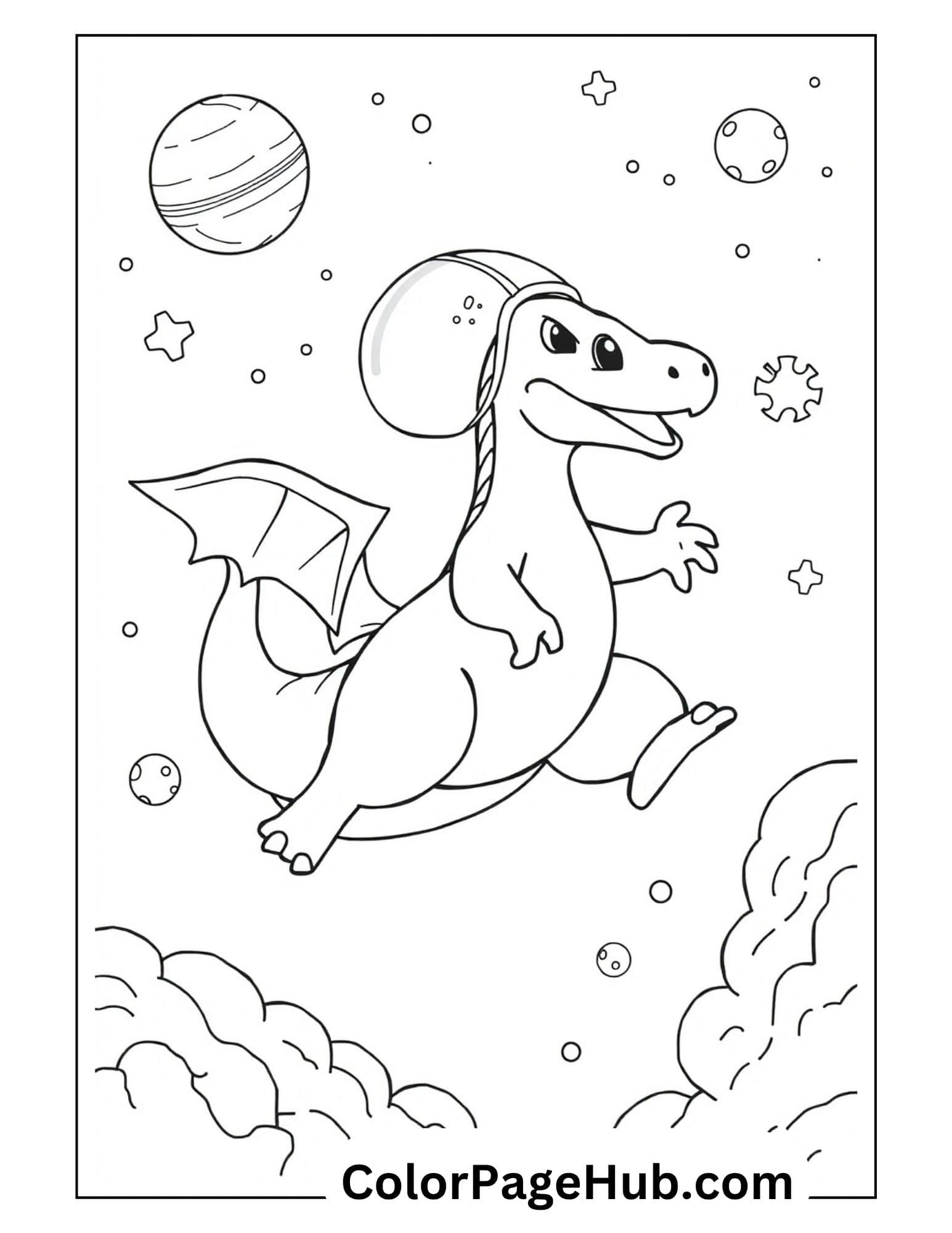 Space adventure Charizard coloring pages - Pokemon dragon with helmet flying among planets and stars