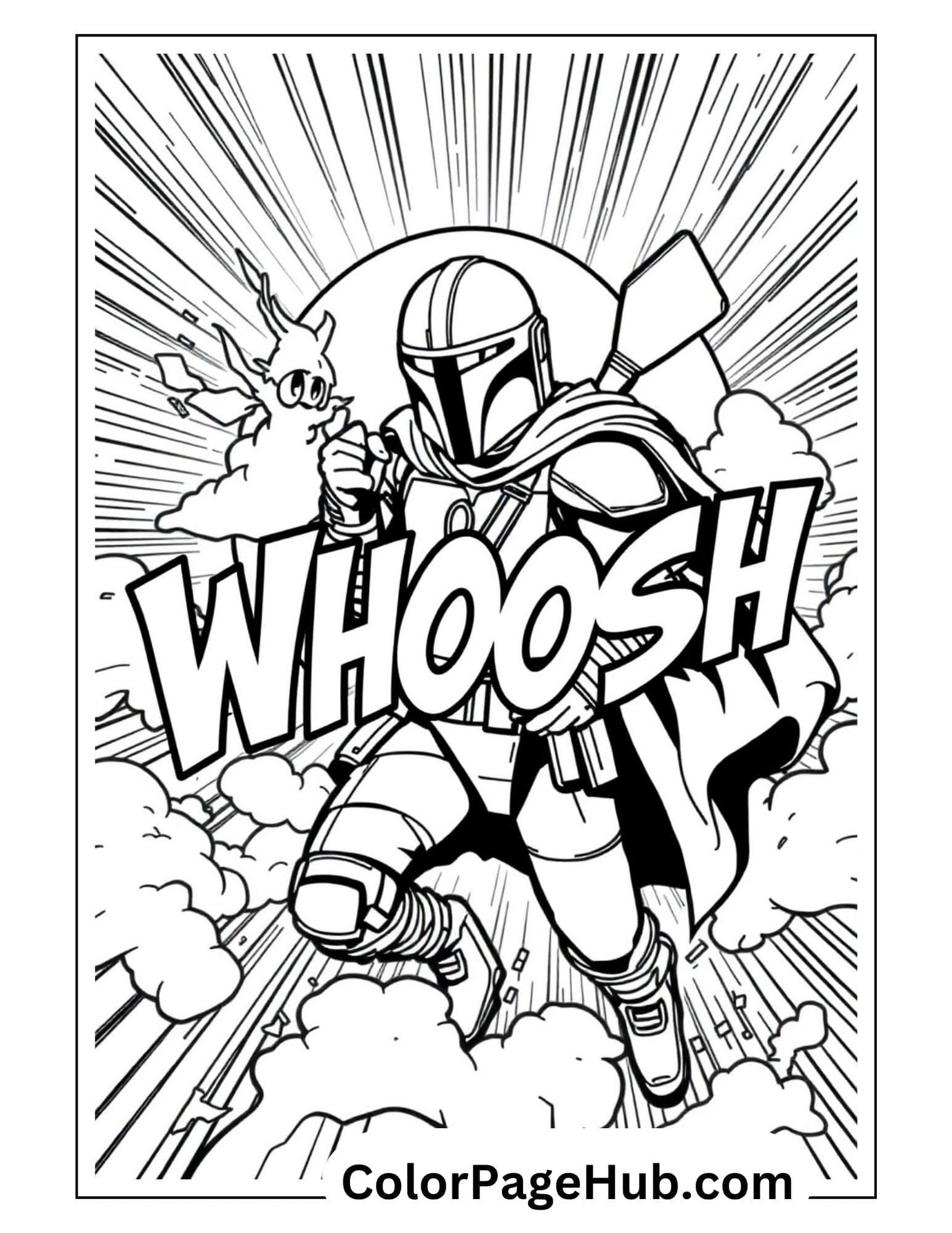 Mandalorian jetpack flying action with Grogu - dynamic Mandalorian coloring pages with sound effects