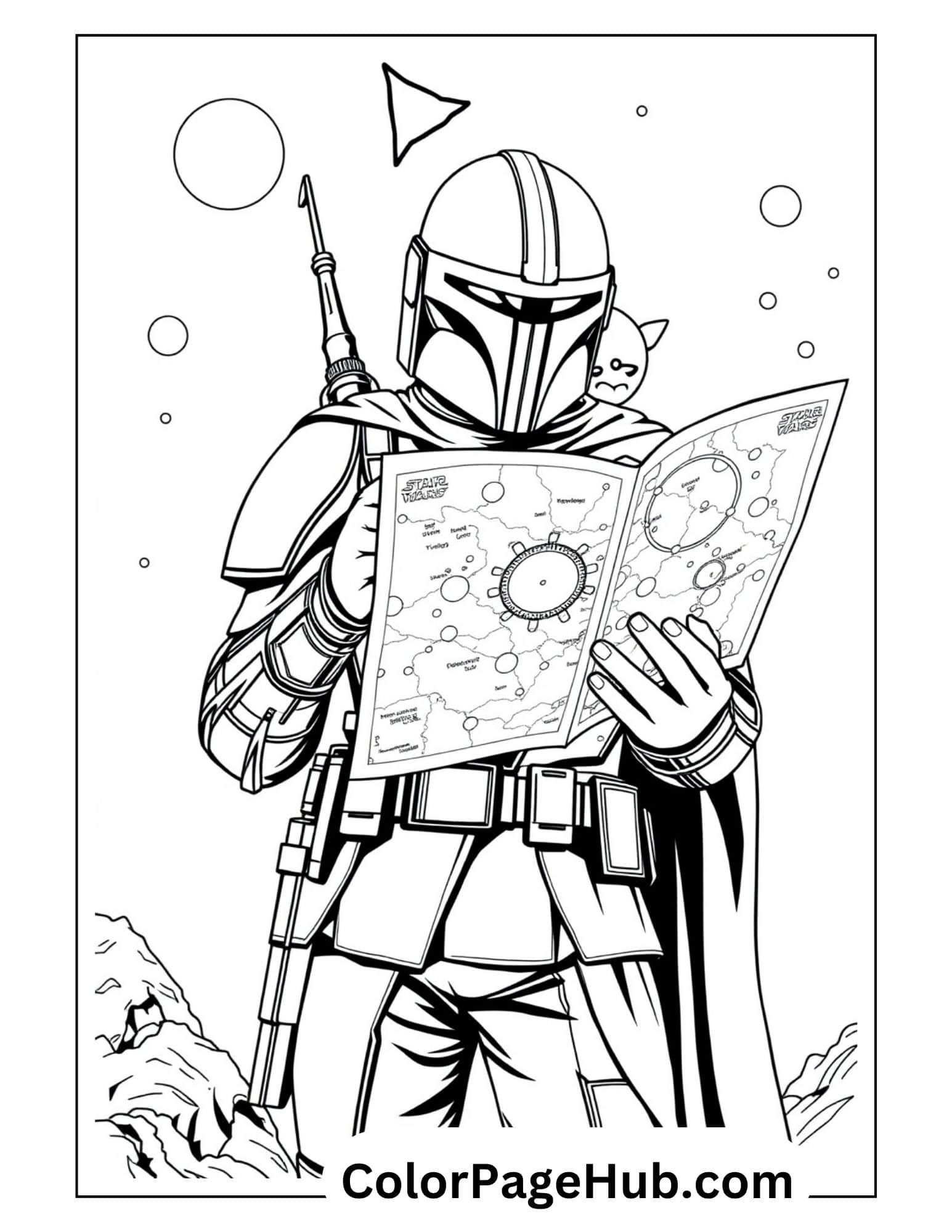 Mandalorian reading star map with Grogu in space setting - adventure Mandalorian coloring pages