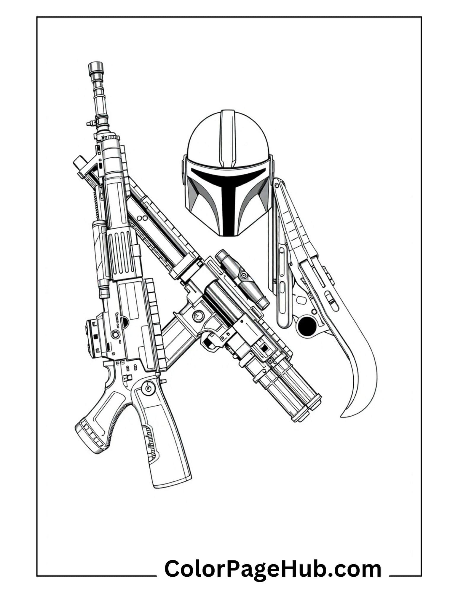 Mandalorian coloring pages with helmet and bounty hunter weapons - free printable Star Wars blaster rifle coloring sheet