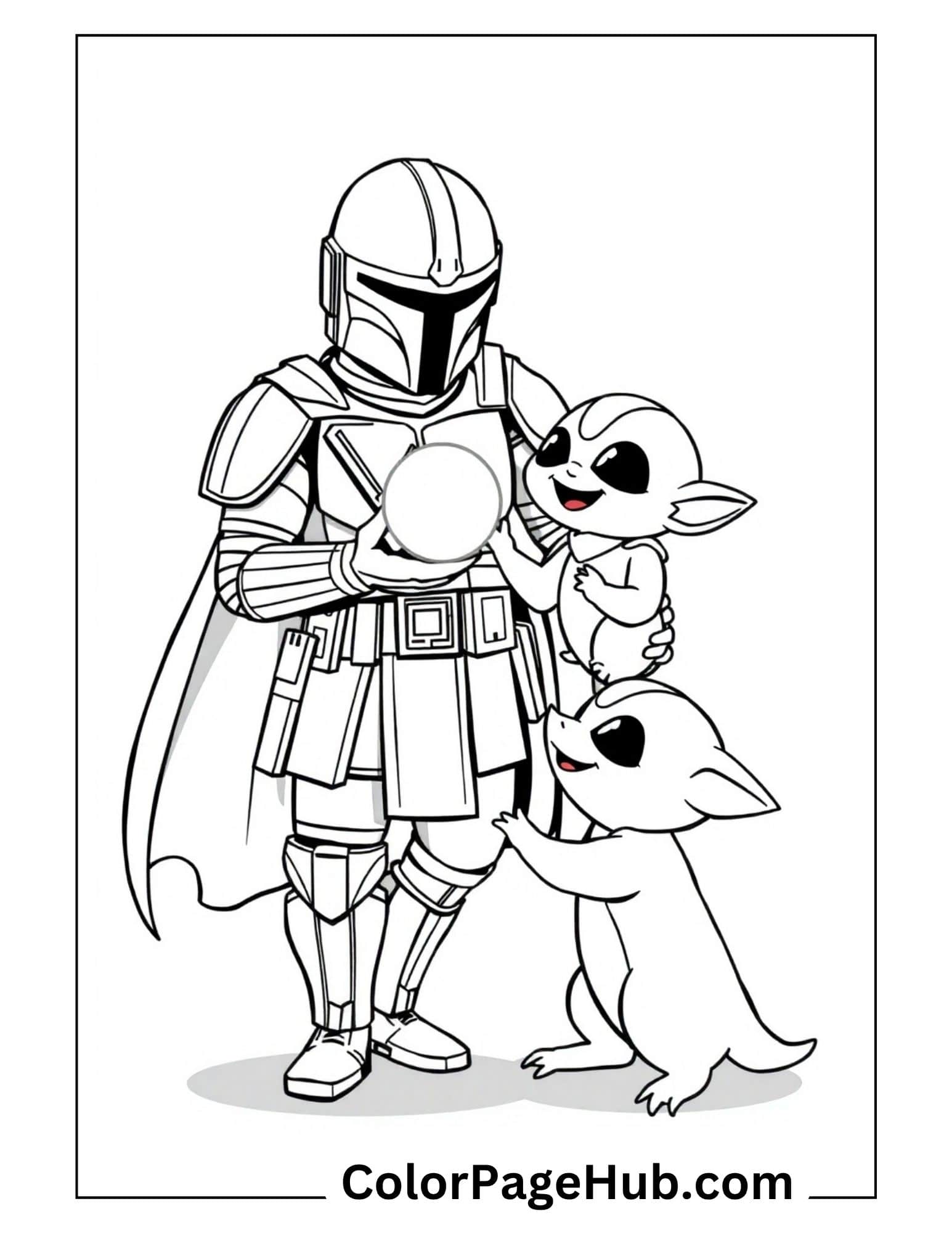 Mandalorian coloring pages with Din Djarin holding Baby Yoda and Grogu family - free printable Star Wars coloring sheet
