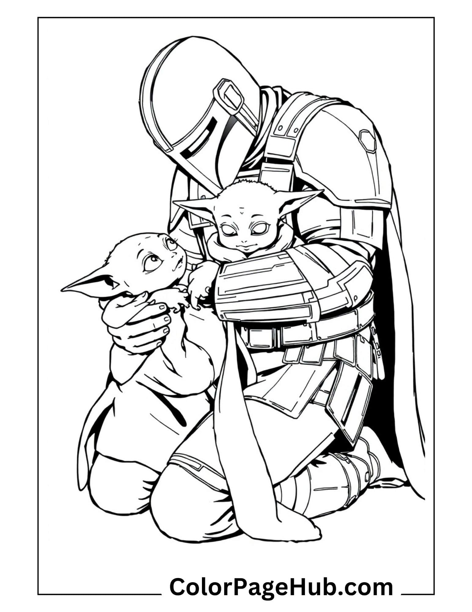 Mandalorian coloring pages with Din Djarin holding two Baby Yoda Grogu - free printable Star Wars family coloring sheet