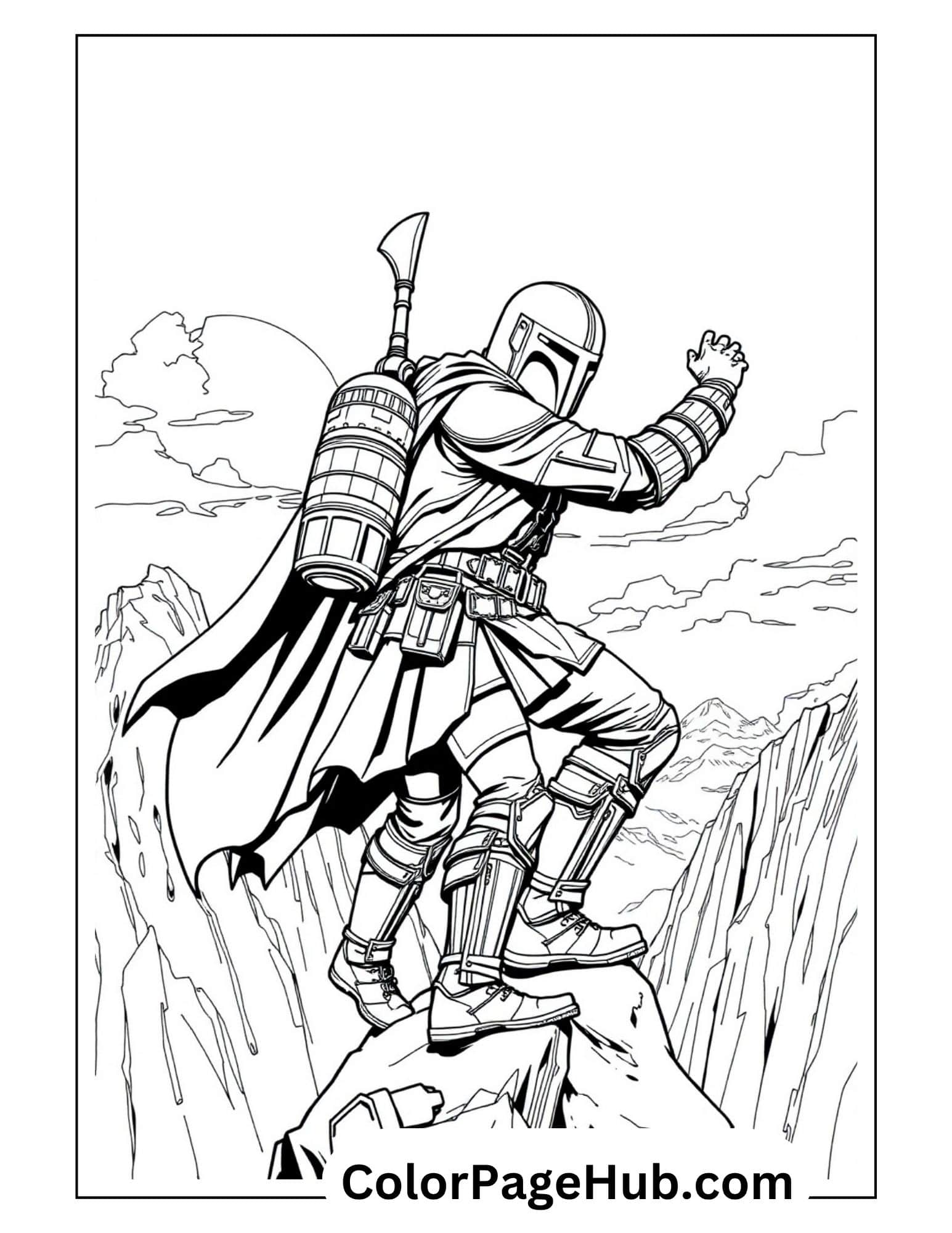 Mandalorian coloring pages with Din Djarin flying jetpack through canyon - free printable Star Wars action coloring sheet