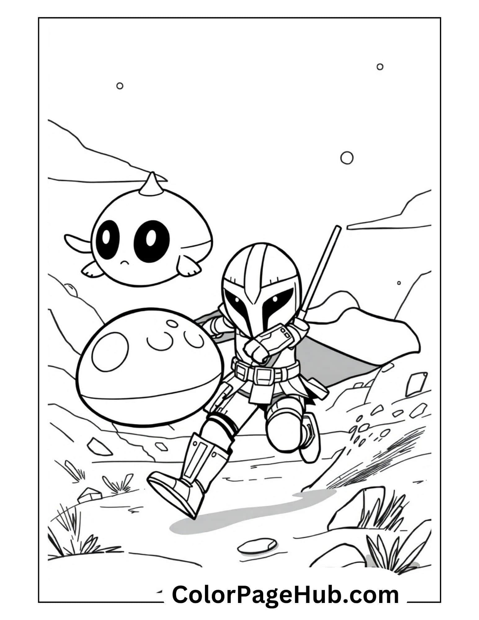 Mandalorian coloring pages featuring cute chibi Din Djarin and Baby Yoda on alien planet - free printable Star Wars sheet