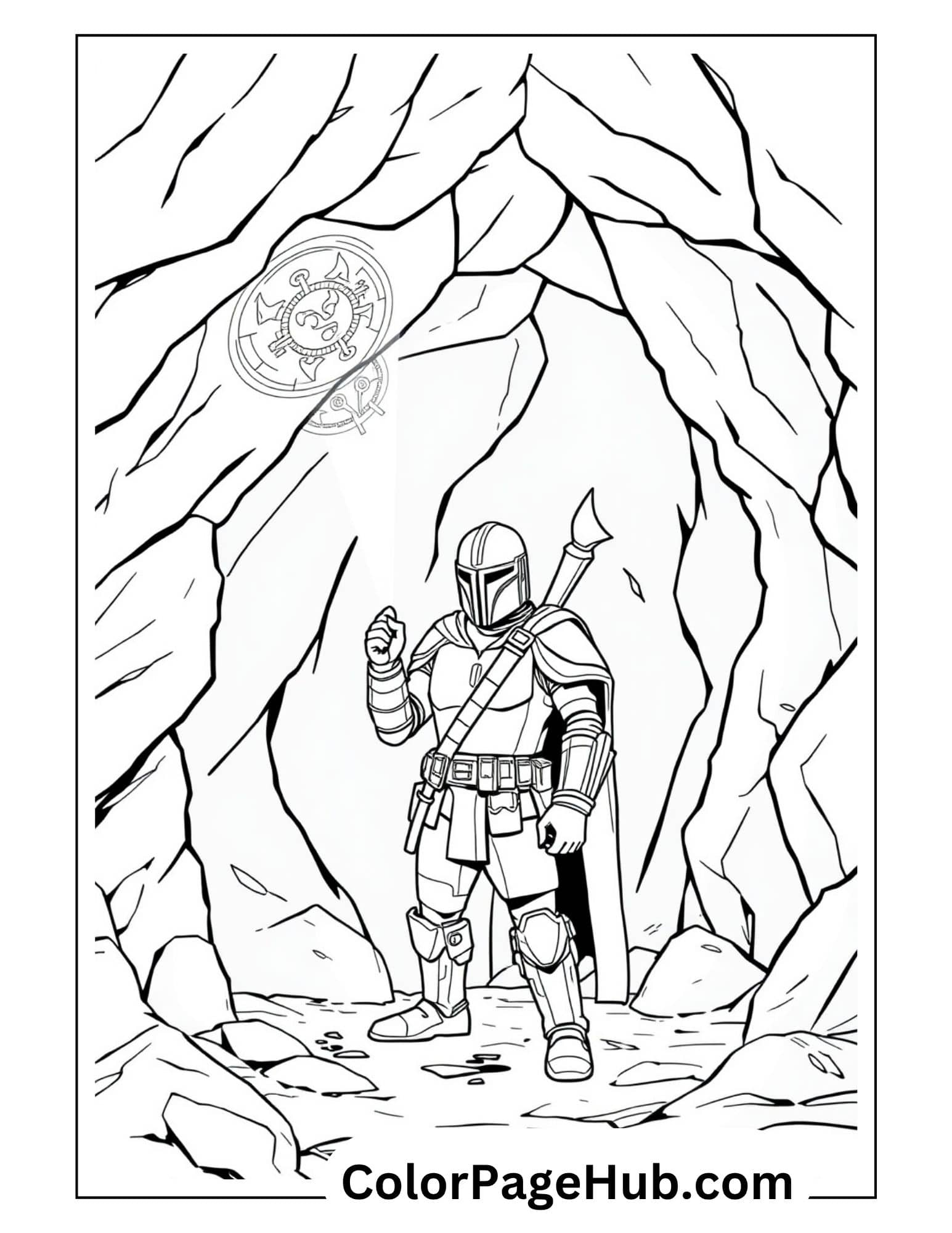 Mandalorian coloring pages showing Din Djarin in cave with Mandalorian sigil - free printable Star Wars adventure scene