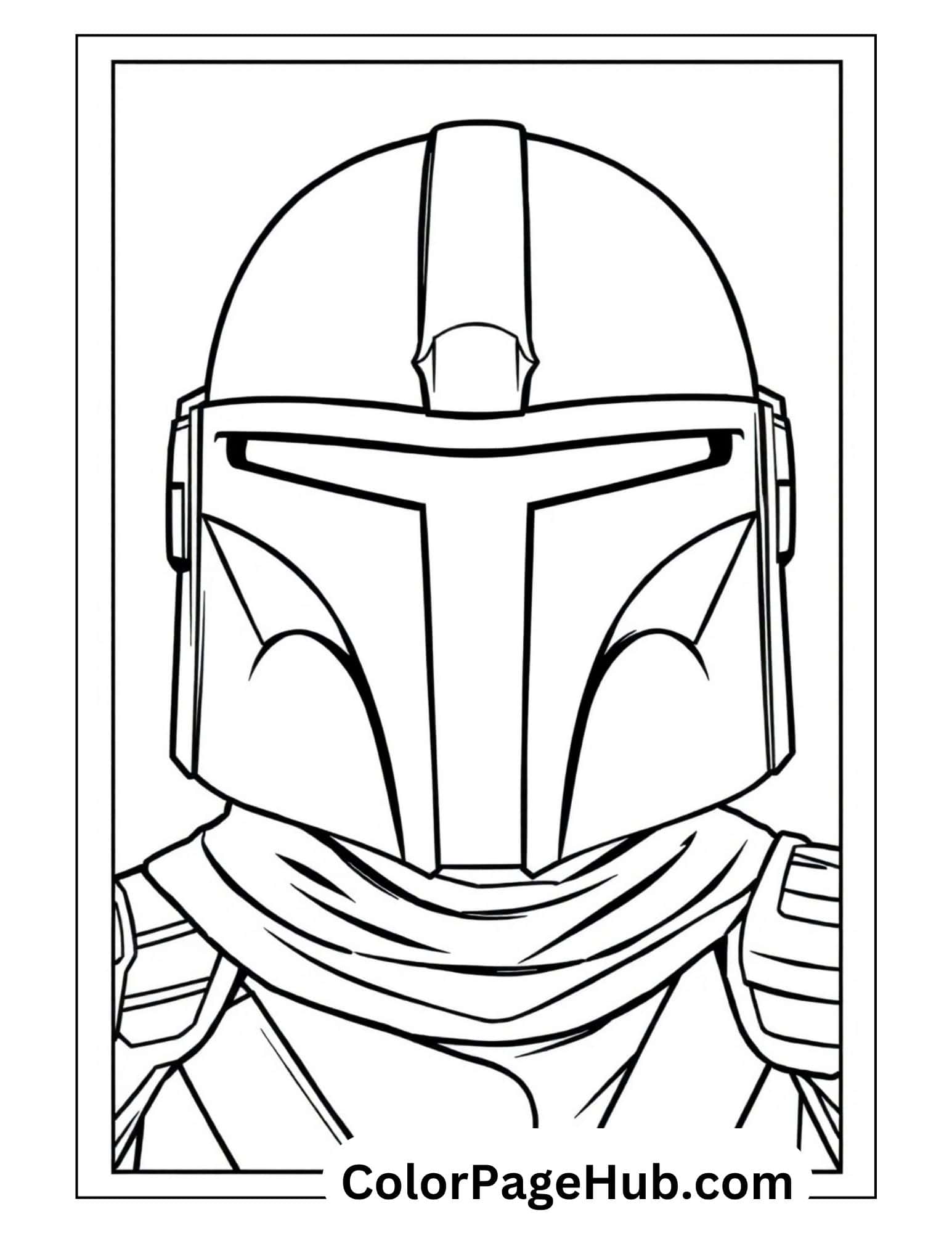 Mandalorian coloring pages featuring Din Djarin helmet portrait close-up - free printable Star Wars bounty hunter sheet