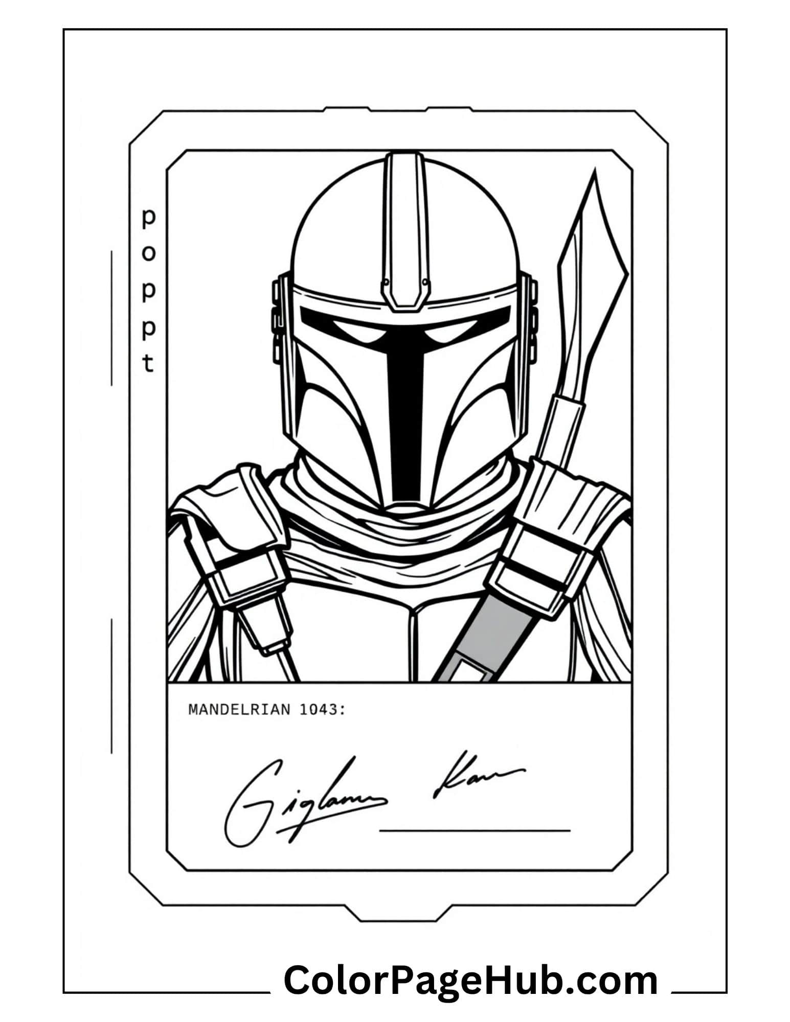 Mandalorian coloring pages featuring Din Djarin helmet trading card design - free printable Star Wars bounty hunter coloring page