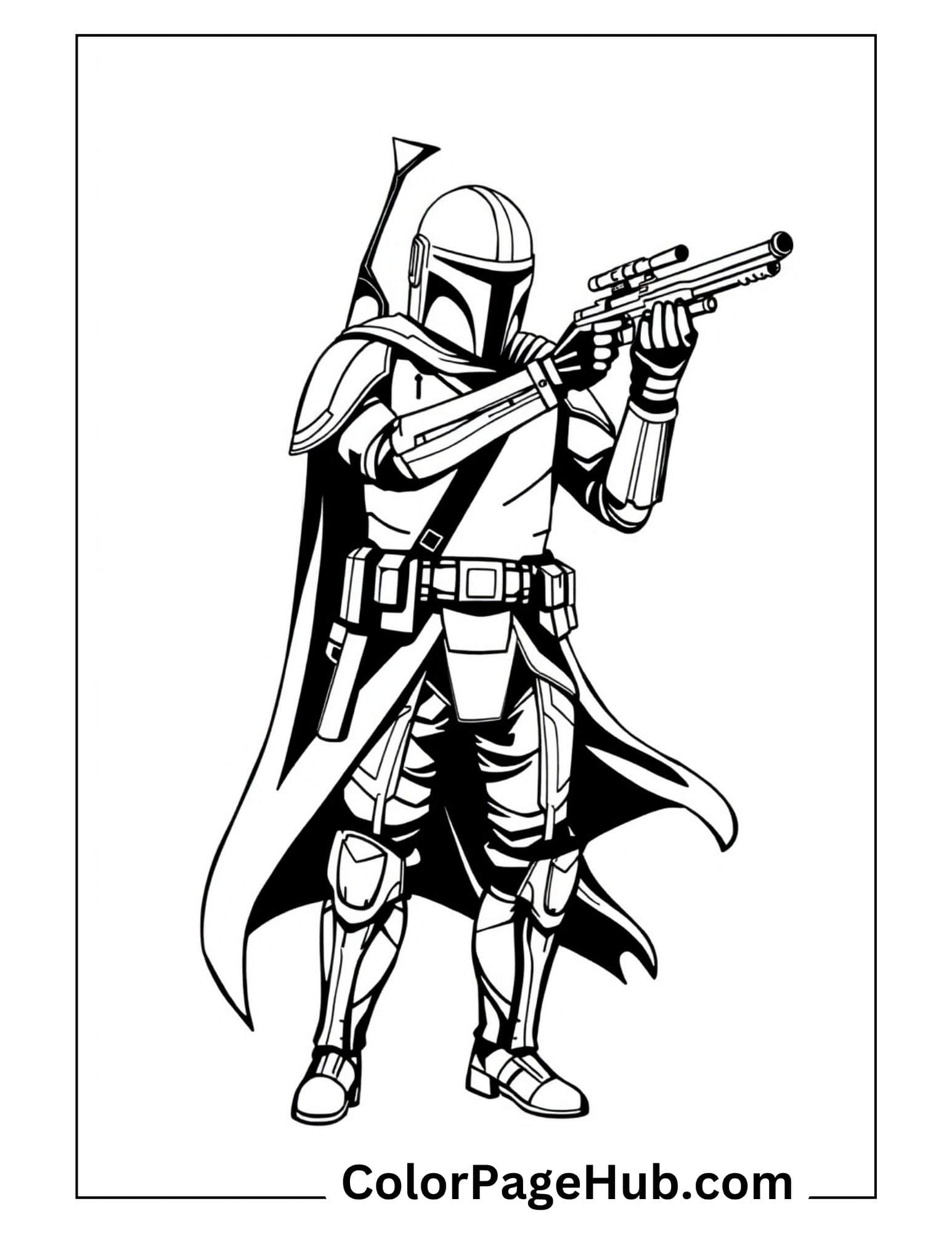 Mandalorian coloring pages featuring Din Djarin with blaster rifle and cape - free printable Star Wars bounty hunter sheet