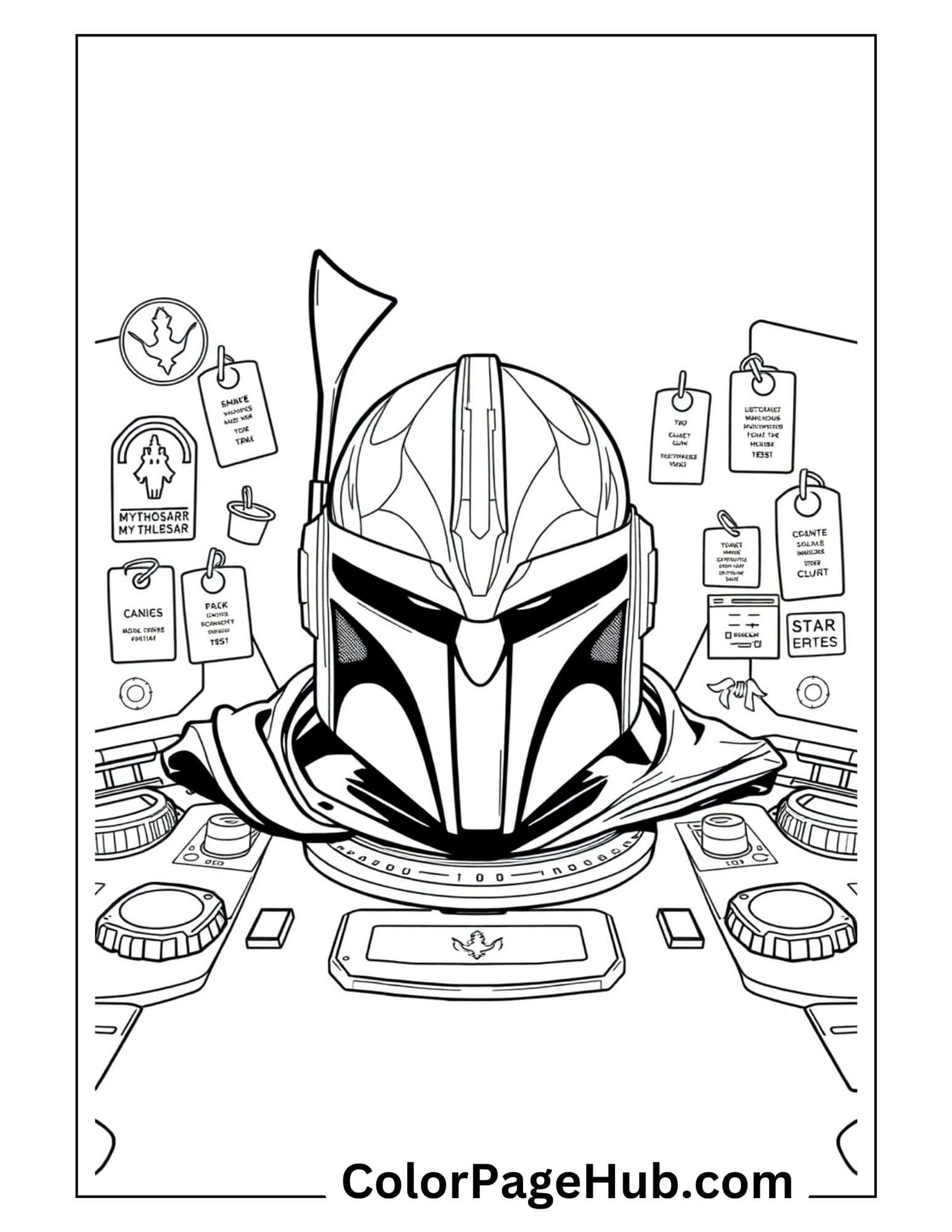 Mandalorian coloring pages with helmet hologram on spaceship control panel - free printable Star Wars tech coloring sheet
