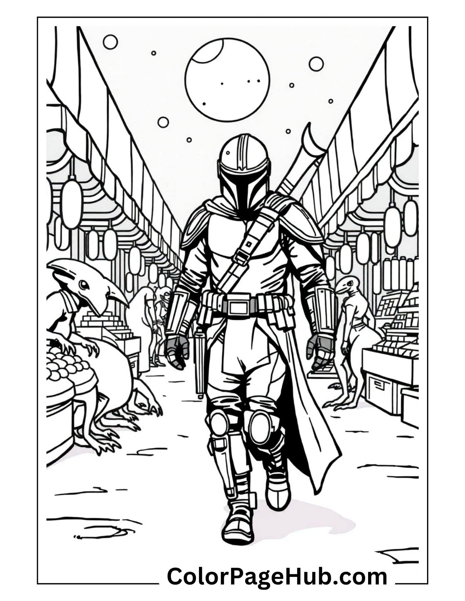 Mandalorian coloring pages with Din Djarin and Baby Yoda in alien city - free printable Star Wars adventure coloring sheet