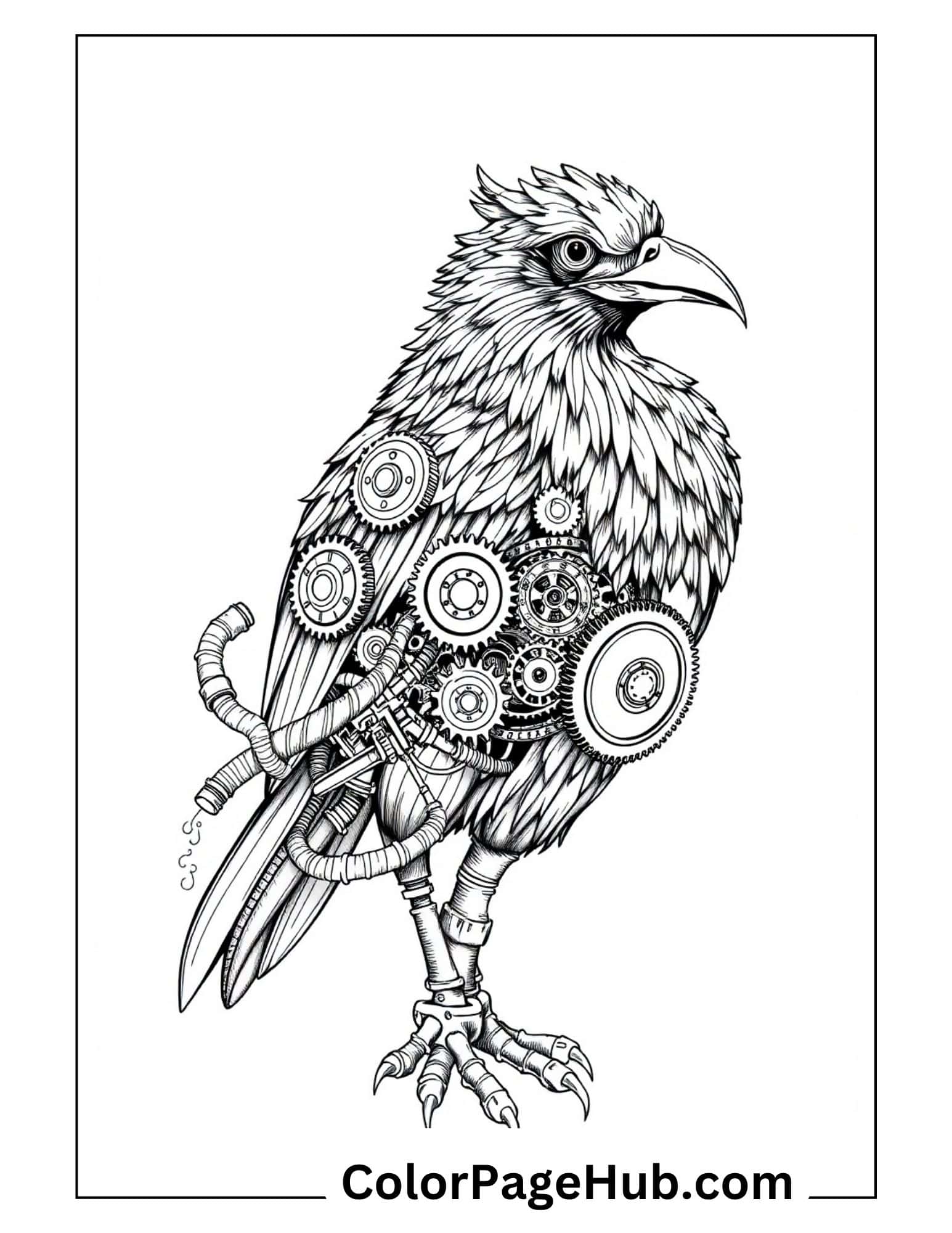 Bird coloring pages with intricate steampunk eagle featuring mechanical gears and detailed feathers - advanced adult coloring