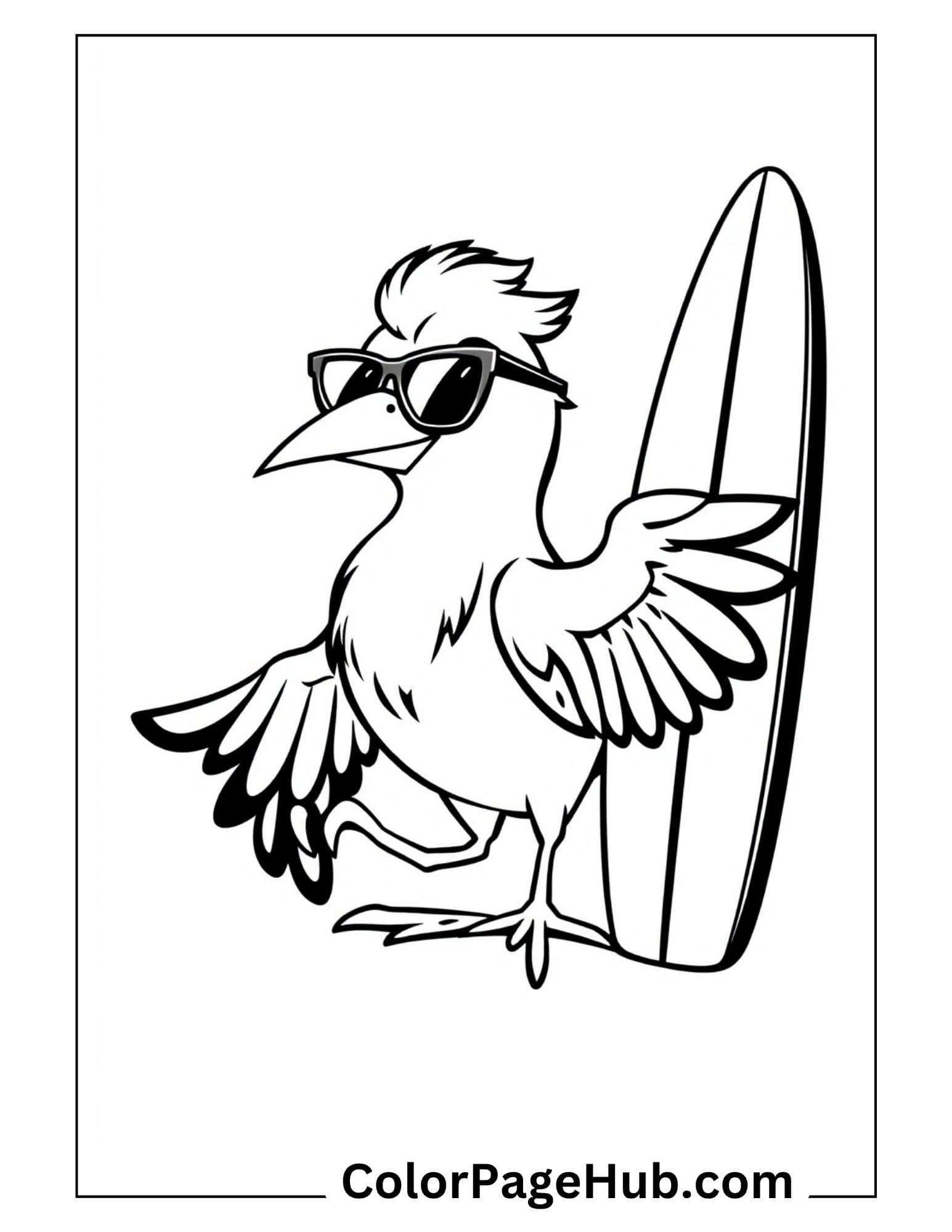 Bird coloring pages featuring cool bird with sunglasses holding surfboard - fun summer beach themed printable design
