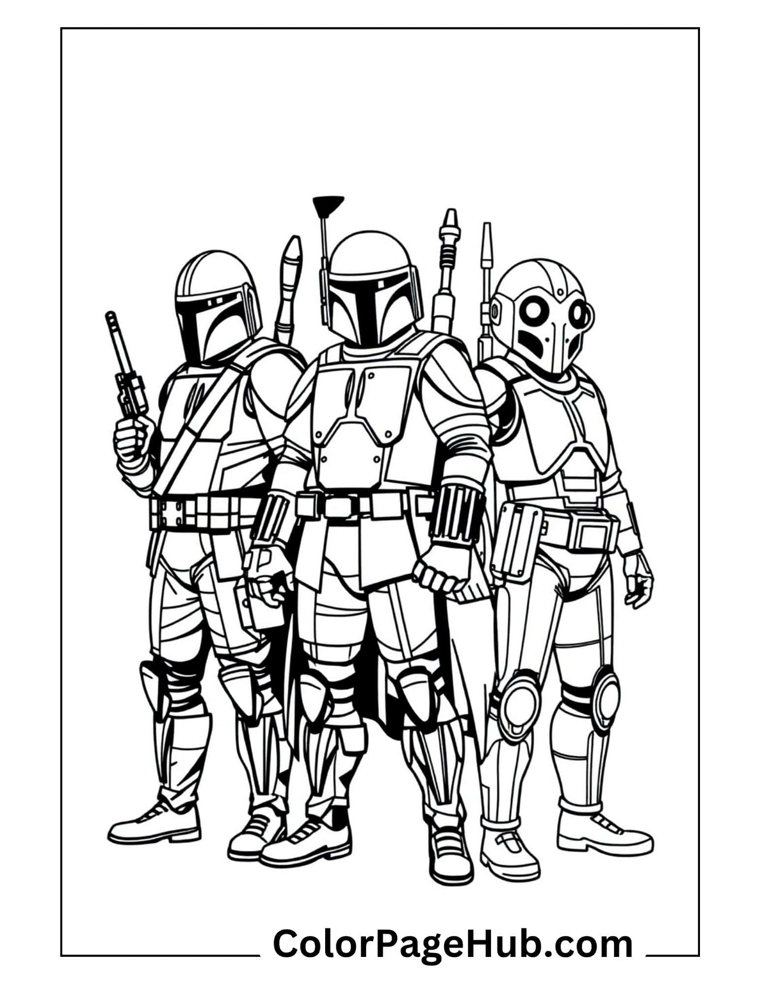 Three Mandalorian warriors group with armor and weapons - detailed Mandalorian coloring pages for Star Wars fans