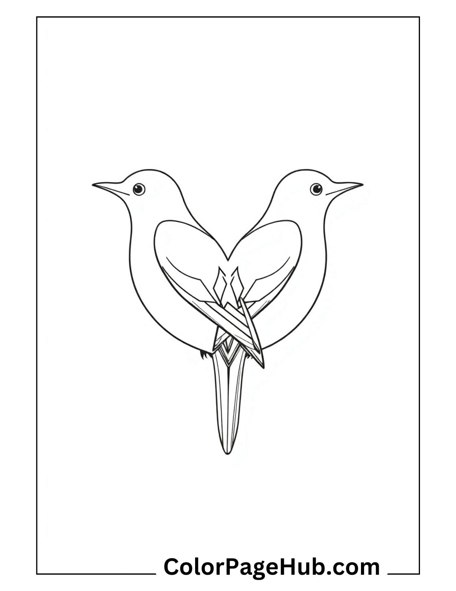 Two lovebirds heart shape bird coloring pages outline with crossed tails romantic design for kids