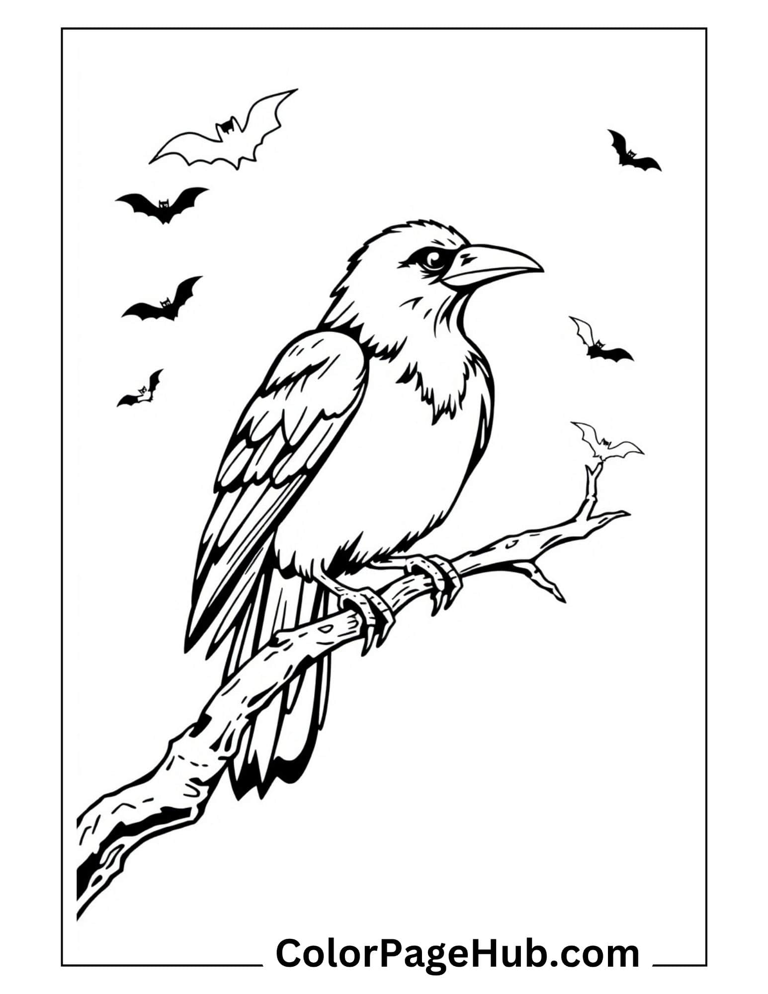 Bird coloring pages with spooky raven on branch surrounded by flying bats - Halloween themed printable design