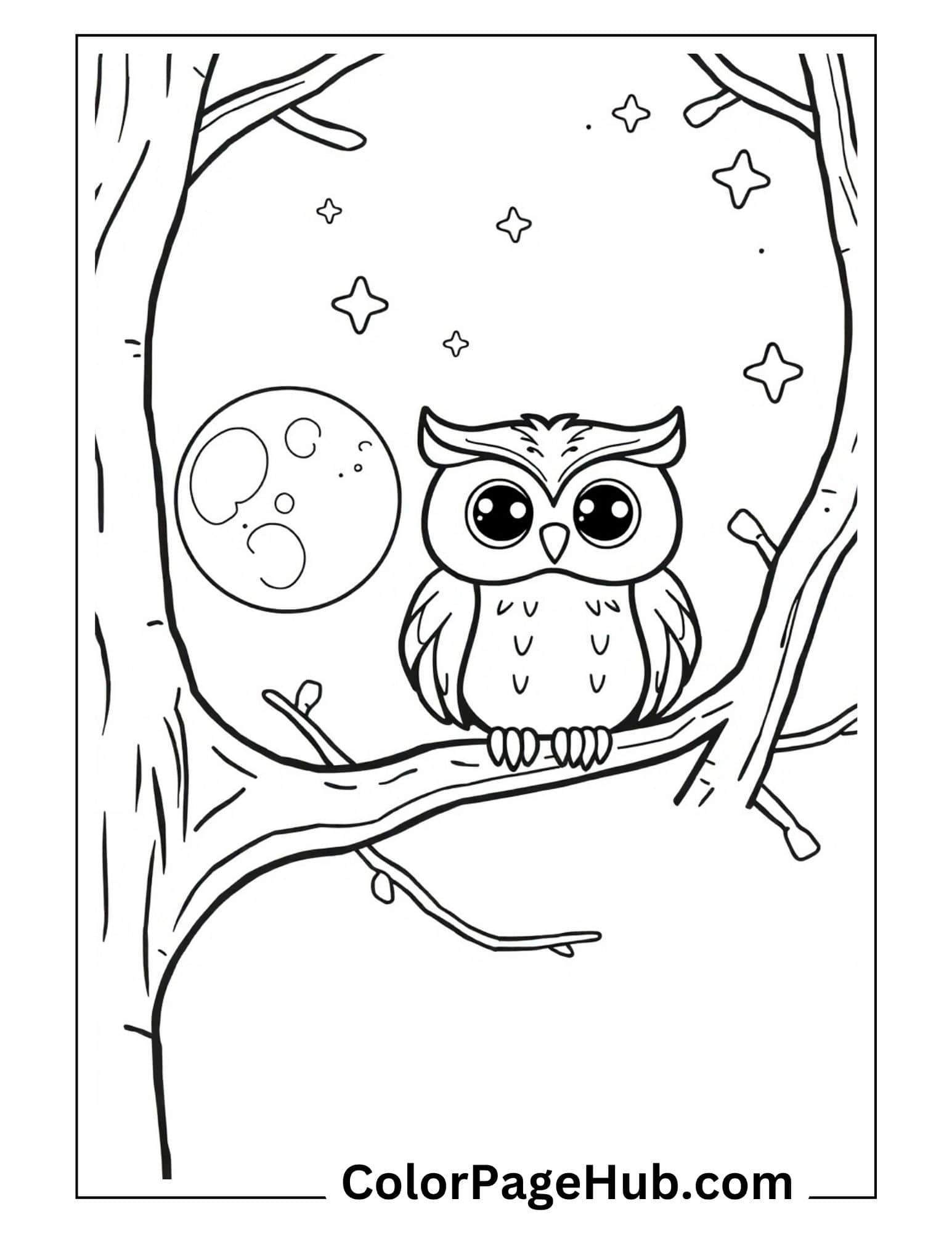 Bird coloring pages with adorable owl perched on tree branch under starry night sky with moon - magical scene design
